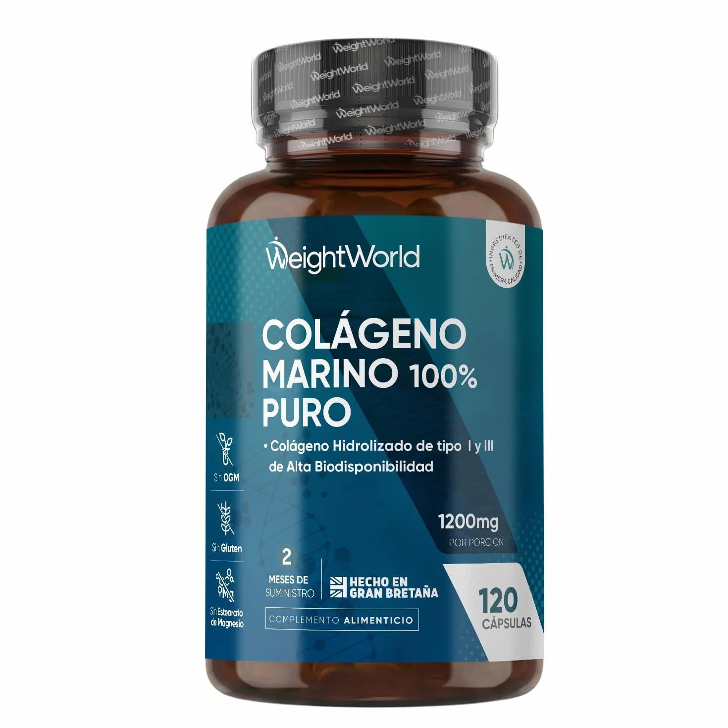 Colágeno Marino Hidrolizado 100% Puro 1200 mg - 120 Cápsulas de Péptidos de Colágeno de Pescado Hidrolizado Tipo I y III