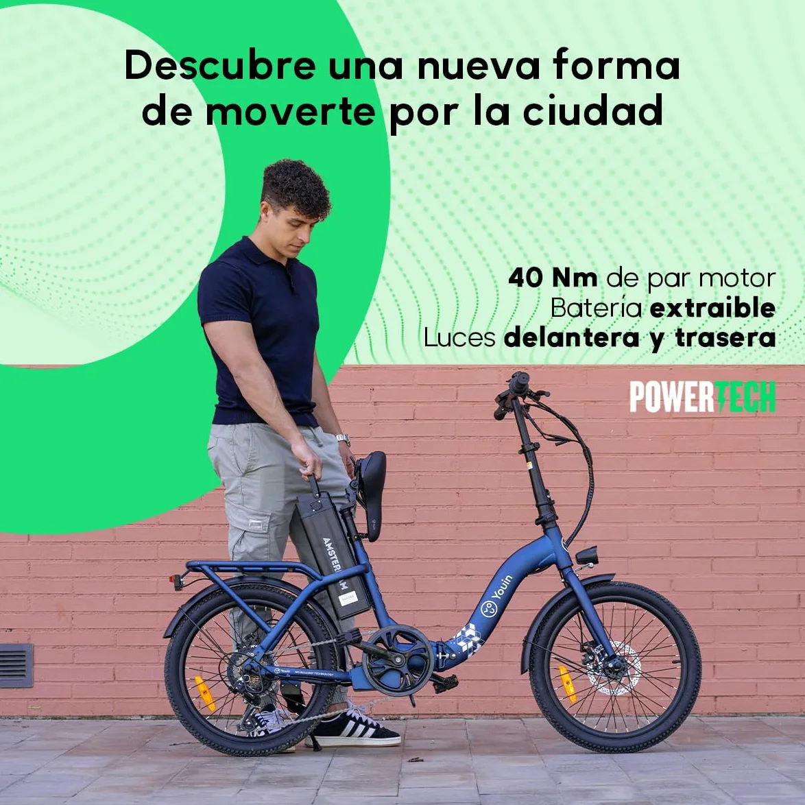 Youin Amsterdam Bicicleta Eléctrica Plegable 20" | Motor Trasero 250W 40Nm, Batería Extraíble 281Wh, Hasta 45 km de Autonomía, 7 Velocidades, Frenos de Disco