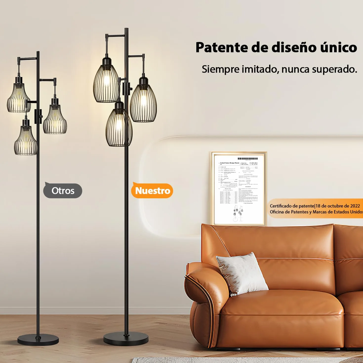 Lámpara de pie regulable Nintiue, 3 bombillas LED 800 lm, jaula lágrima, industrial granja, salón dormitorio oficina