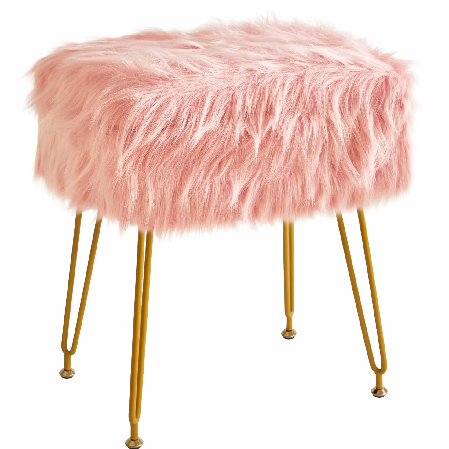 IBUYKE Rectangular Faux Fur Vanity Stool with Storage, Makeup Chair Ottoman, Soft Padded Seat, Round Footrest, Metal Legs, Pink