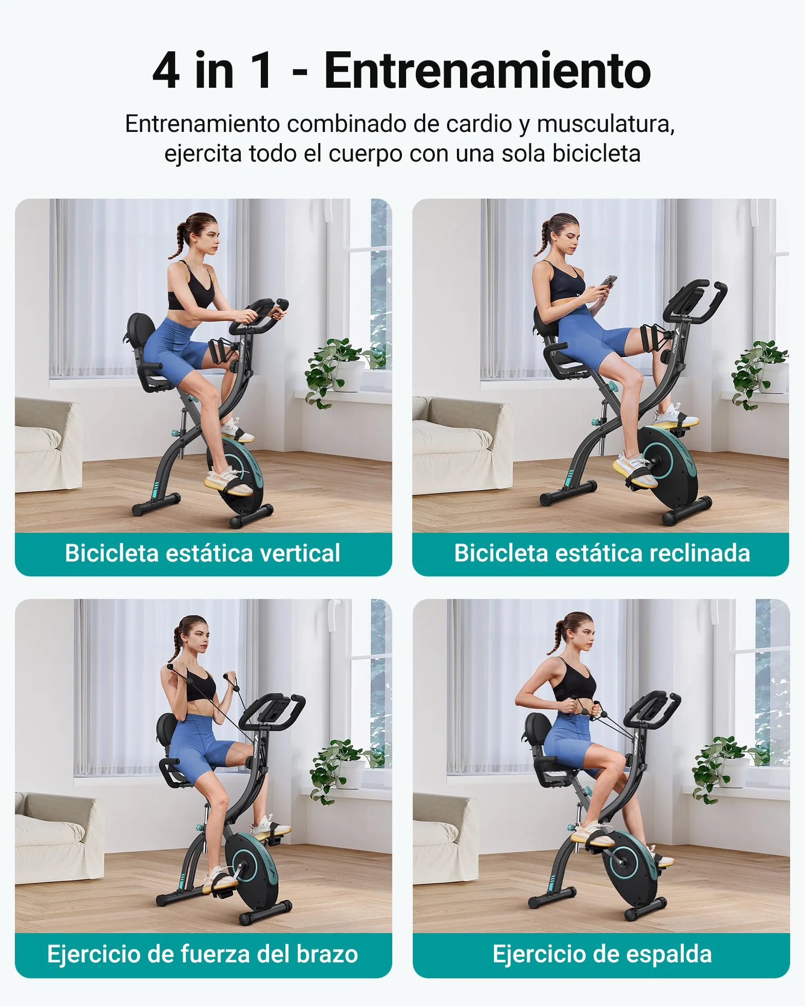 MERACH Bicicleta Estática 4 en 1 con App Entrenamiento, Bicicleta Estatica Plegable Silenciosa, Resistencia Magnética de 16 Niveles, Banda de Resistencia, Pantalla LCD, Medición Pulso, Asiento Cómodo
