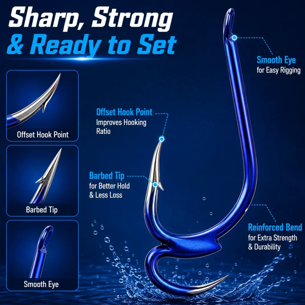 Classic Sharp Double Fishing Hooks, Kit de Anzuelos de Pesca, Anzuelos de Acero al Carbono, Anzuelos Barbelados de Doble Punta de Alta Resistencia para Agua Salada y Dulce