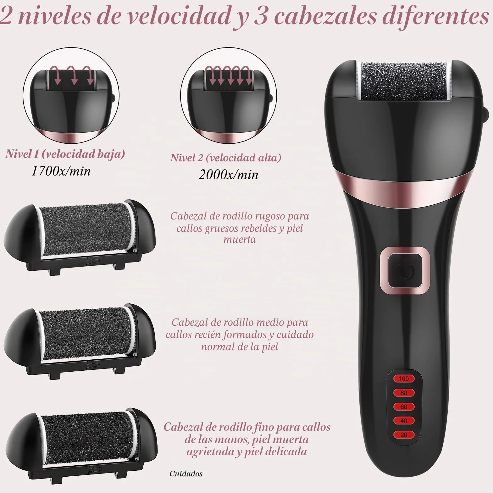 Lima Electrica Pedicura Profesional Recargable IPX7 Impermeable Metal 3 Recambios 5 Niveles 1200MAH 2 Velocidades