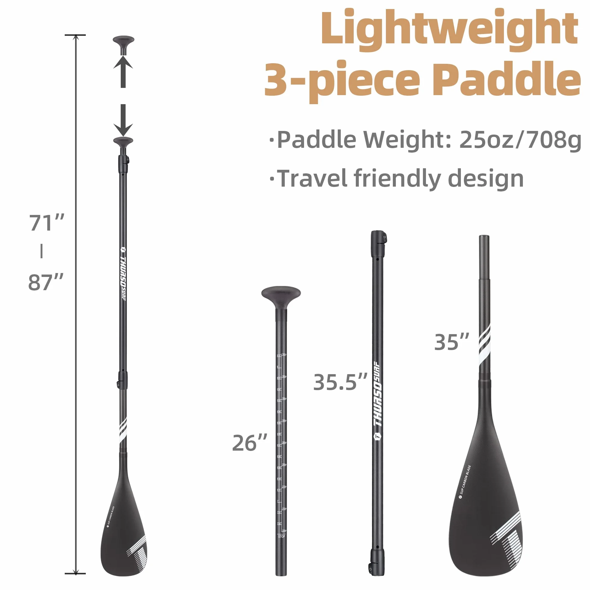 THURSO SURF Carbon Elite SUP Paddle - Tabla de remo de fibra de carbono completa, 3 piezas, ajustable, 71-87 pulgadas, extremadamente ligera, flotante, rendimiento profesional