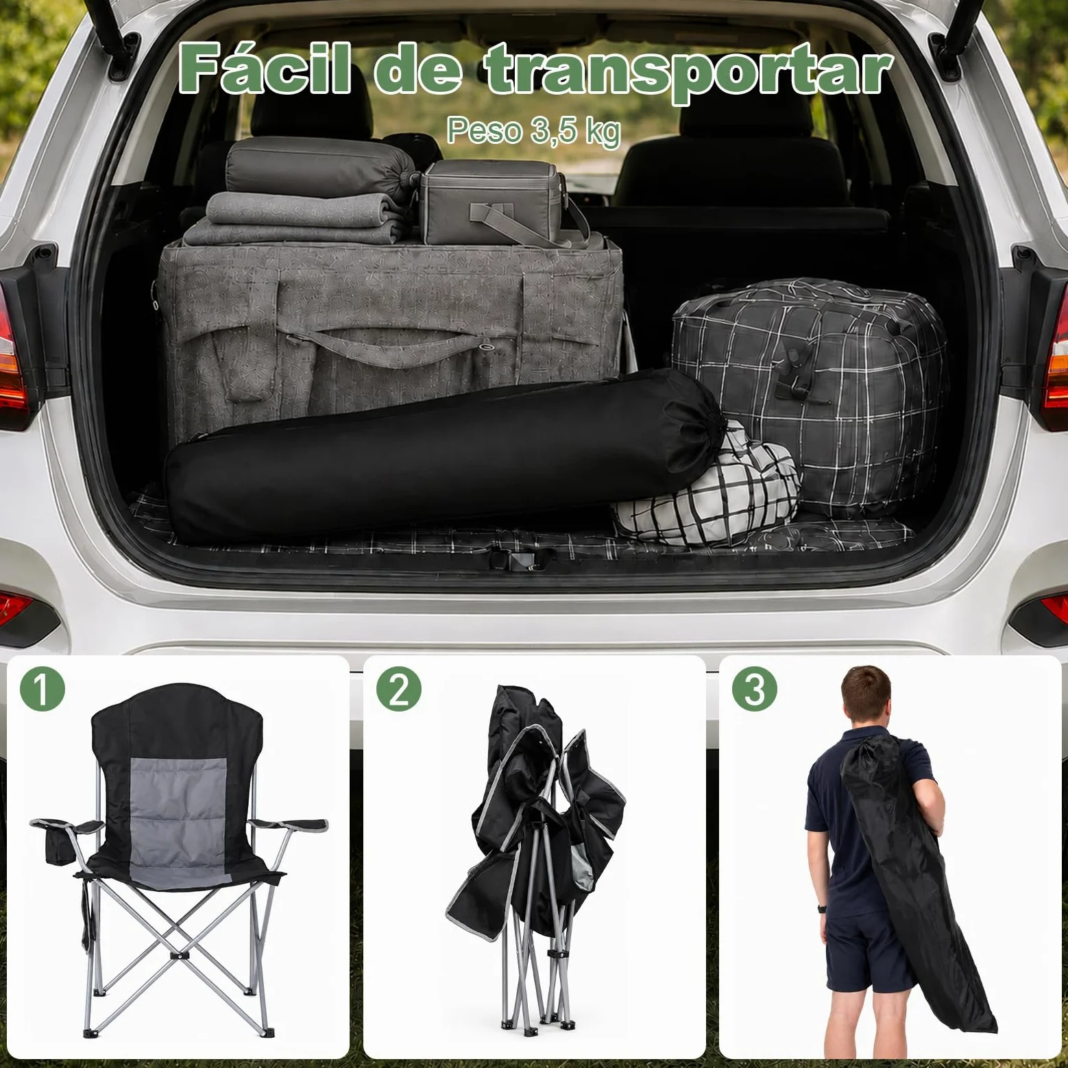 Silla de Camping Plegable, Capacidad de Carga 160 kg, Respaldo Alto, Asiento Amplio, Acolchada con Algodón, Silla de Camping XXL Cómoda Silla de Pesca para Acampadas, Festivales, Playa y Jardín