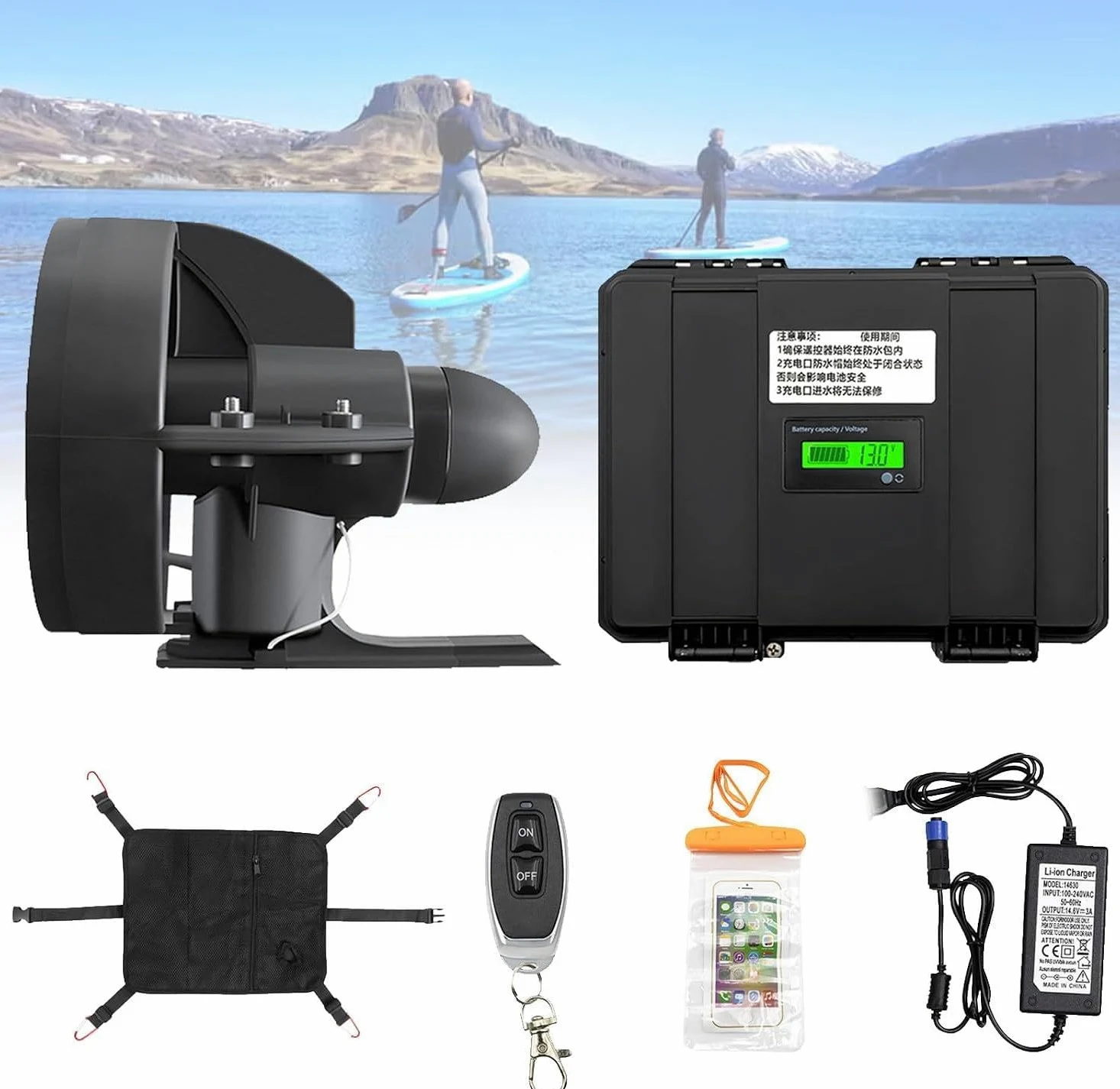 Motor con Aleta Eléctrica para Bote Hinchable y Canoa D180 | Para SUP y Kayak, 216/288Wh, Velocidad 3-5 km/h, Autonomía Baja Velocidad 2,5 h, Alta Velocidad 45 Min