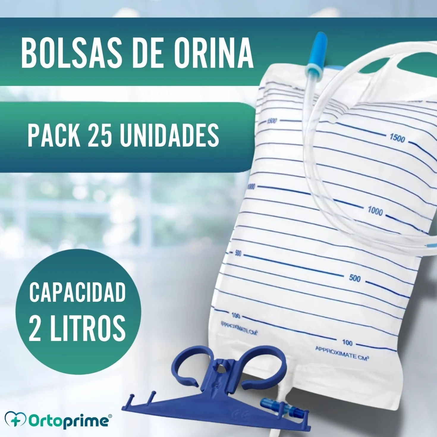 OrtoPrime Bolsa de Orina 2 Litros Válvula Antirreflujo Grifo Tubo 120cm Pack 25 Unidades