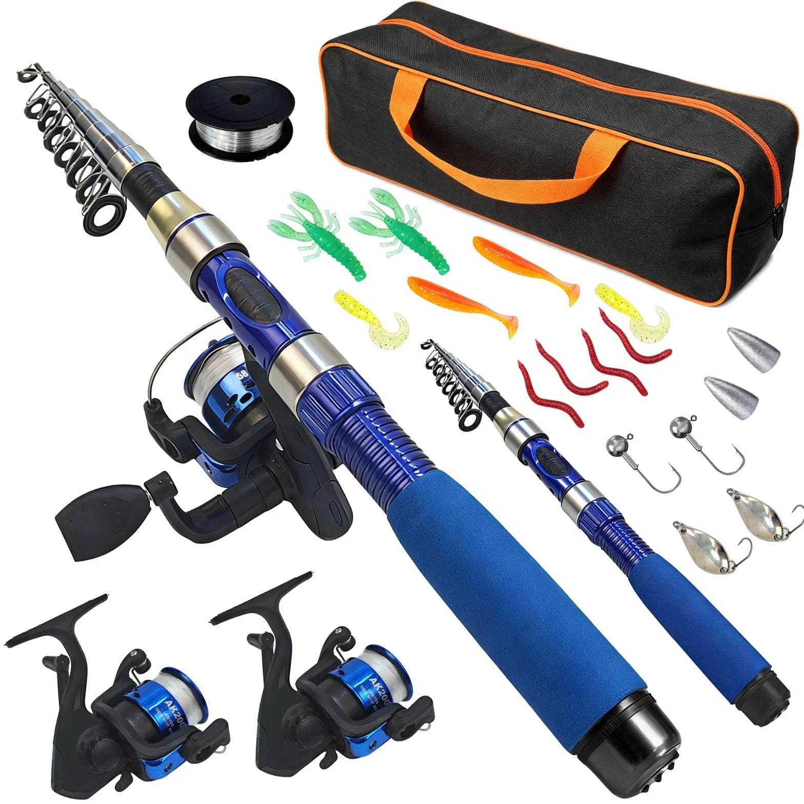 Set de Cañas de Pescar Telescópicas, 2 Cañas de Fibra de Carbono 1,9m y 2 5.2:1 Carretes de Spinning Caña de Pescar Caja de Aparejos y Estuche de Transporte para Pesca en Agua Salada y Dulce