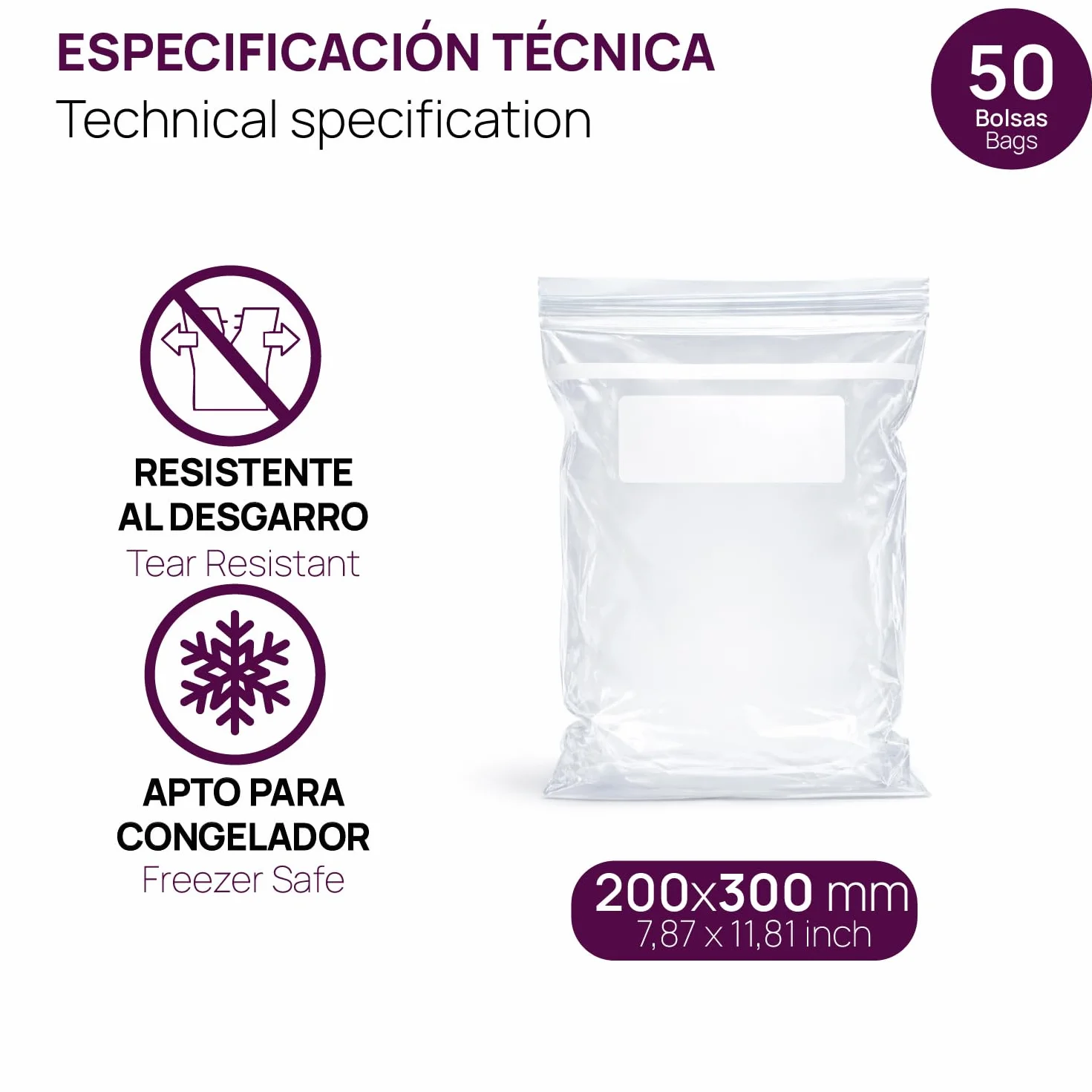 Bolsas ZIP Transparentes 200x300 mm Cierre Hermético para Alimentos 50 Bolsas