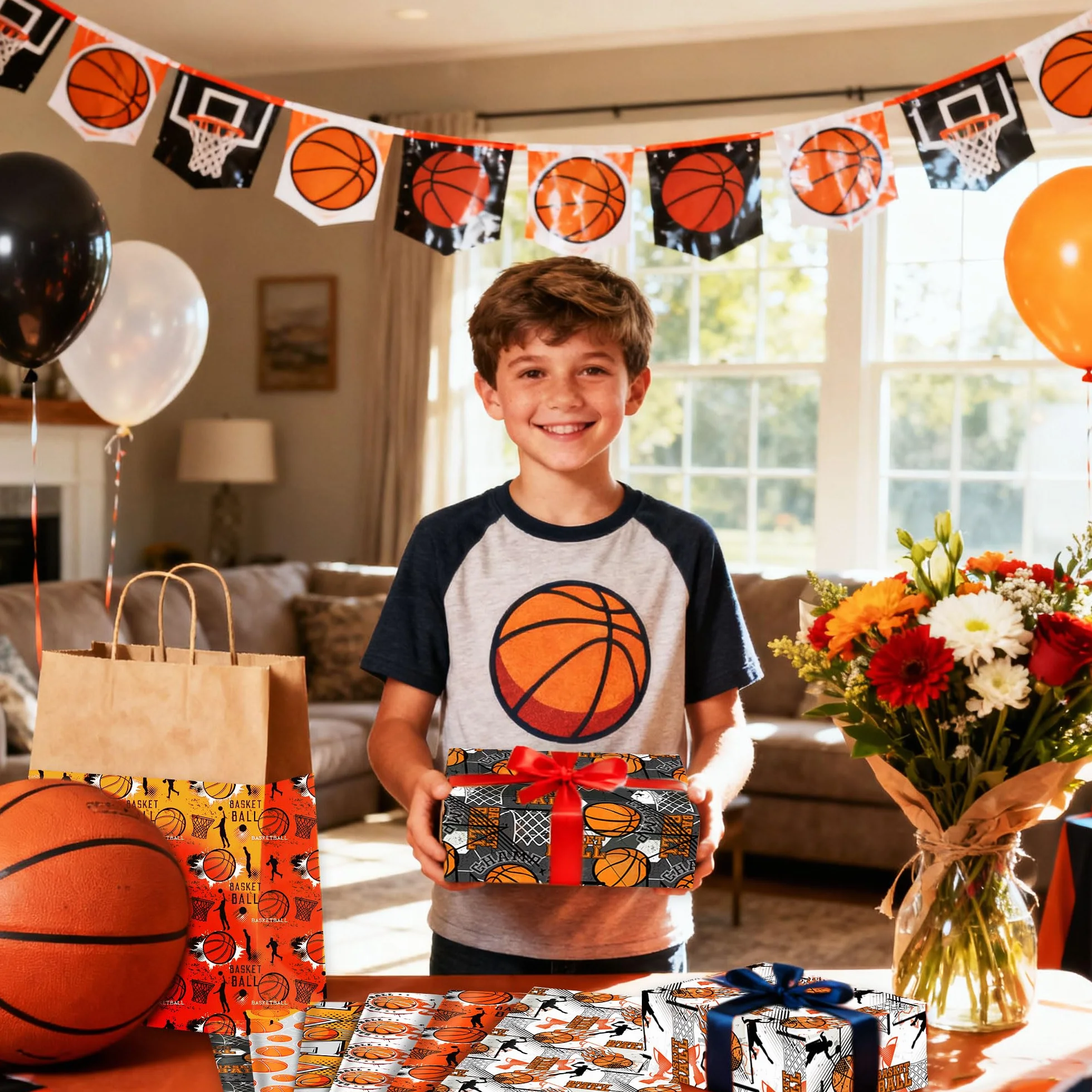 Roaring Good Time papel de regalo estampado baloncesto papel artesanal deportivo para cumpleaños y fiestas deportivas envoltura personalizada balones