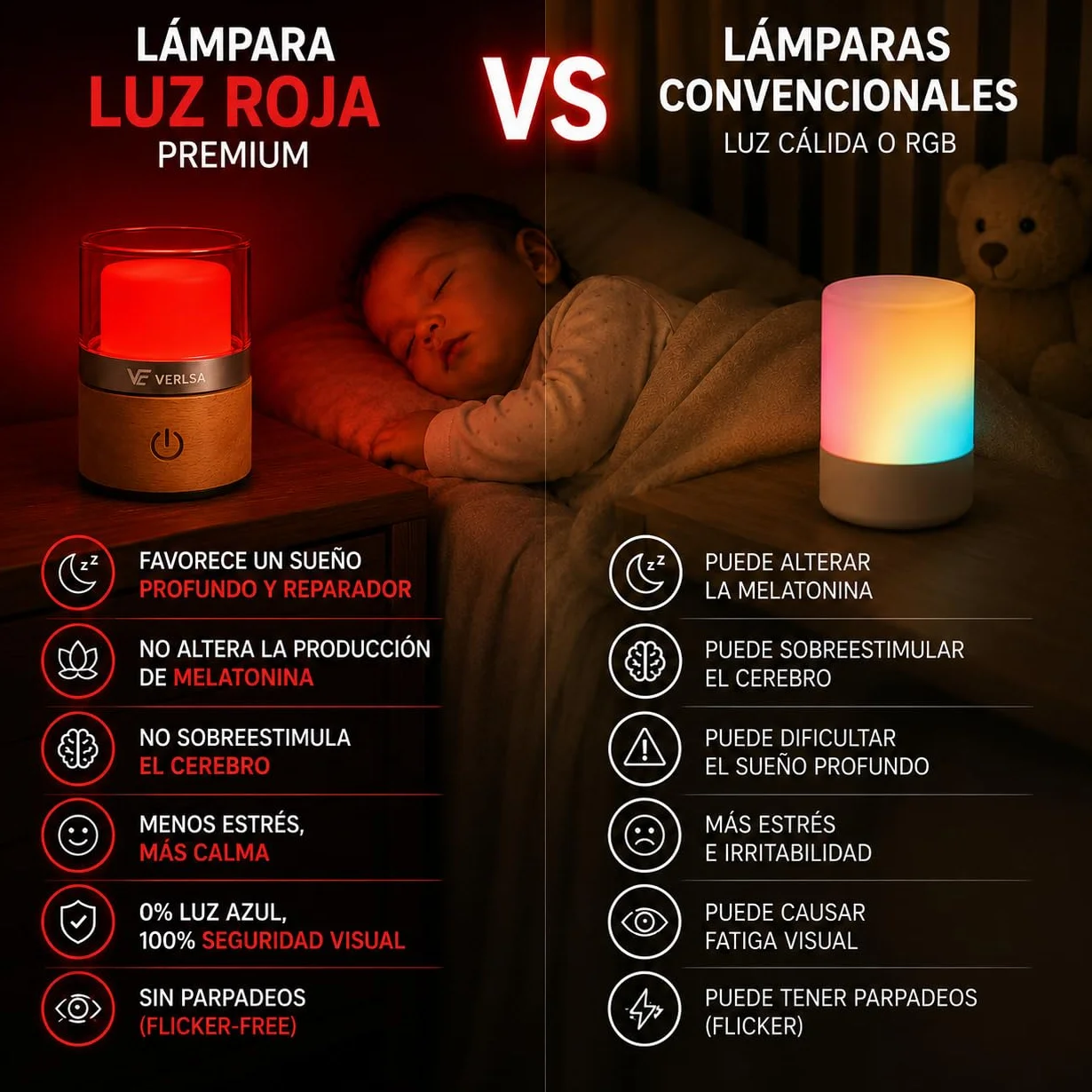 Lámpara Luz Roja Nocturna 660nm Terapia de Luz Roja Recargable Timer 30-60 min