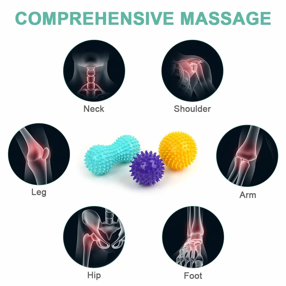 Bolas Masaje 3 Piezas Pelota Masaje Muscular con Pinchos Masajeador Rehabilitación Fascitis Plantar Fisioterapia Cervicales Morado
