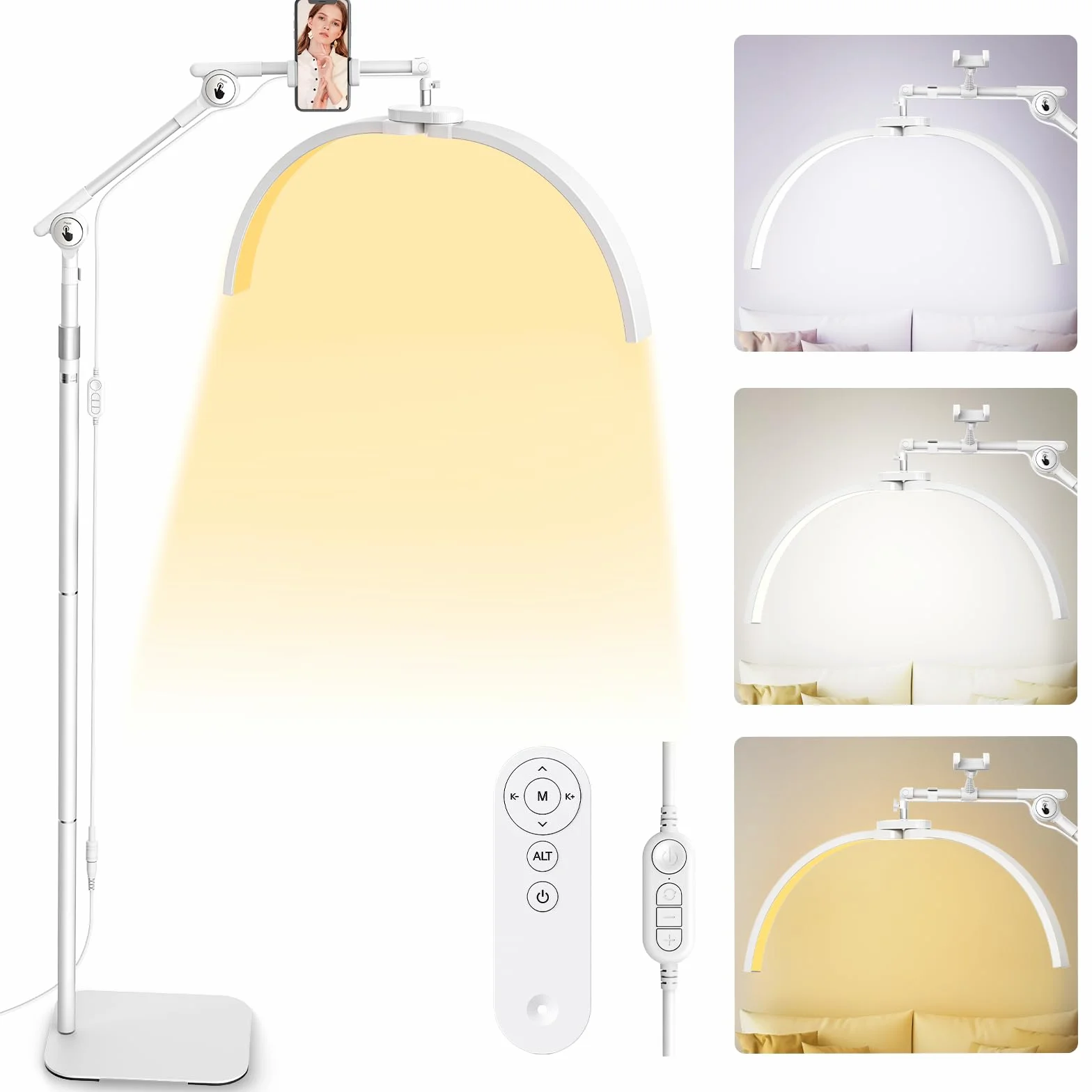 Lampara LED de pie para Pestañas 28" Plegable 3 Temperaturas de Color Cabezal Giratorio 360° Soporte Cuidado Piel Tatuaje Blanco