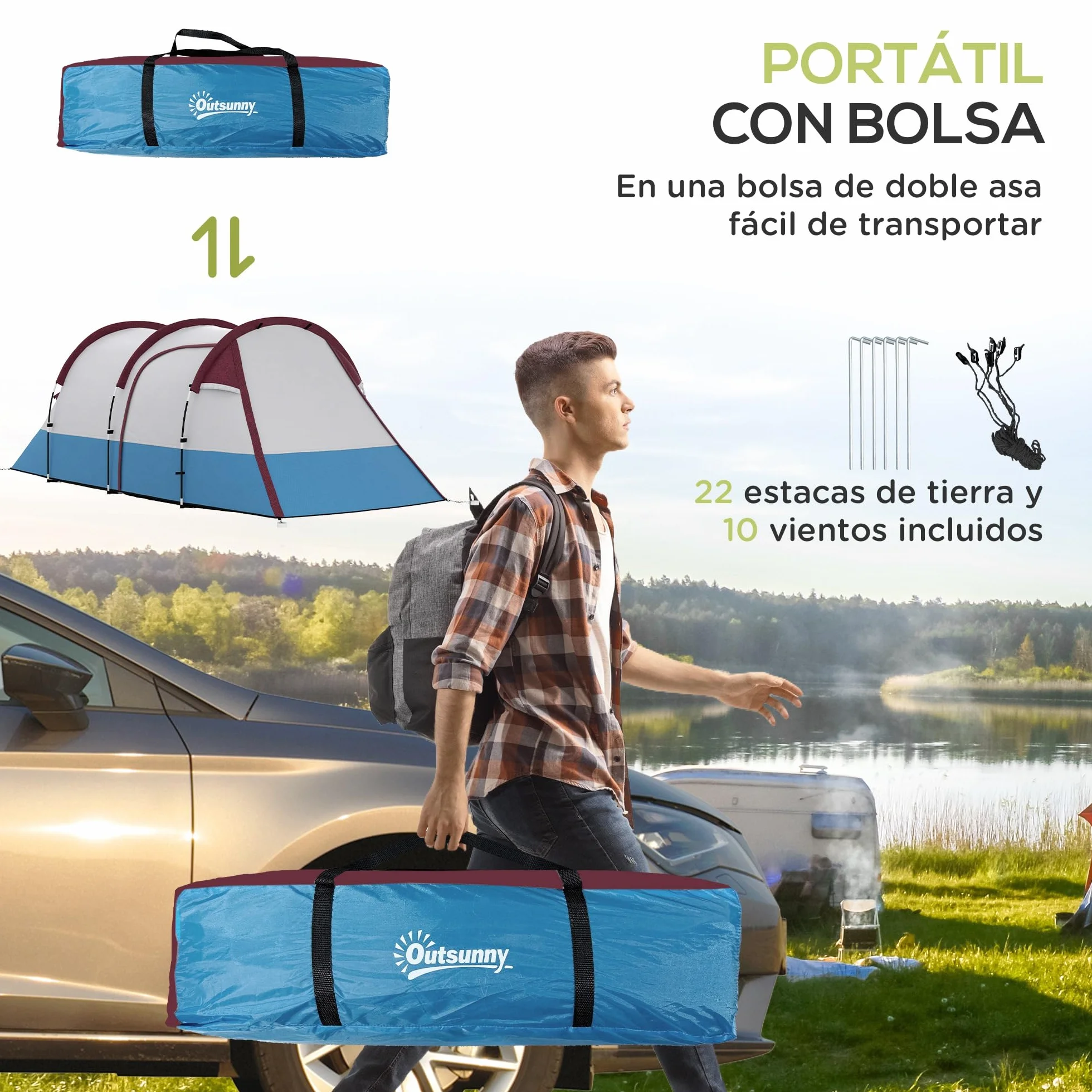 Outsunny Tienda de Campaña Familiar para 3 Personas Tienda Camping Plegable Ligera con 2 Habitaciones Bolsa de Transporte Impermeable 2000 mm para Playa Senderismo 420x200x150 cm