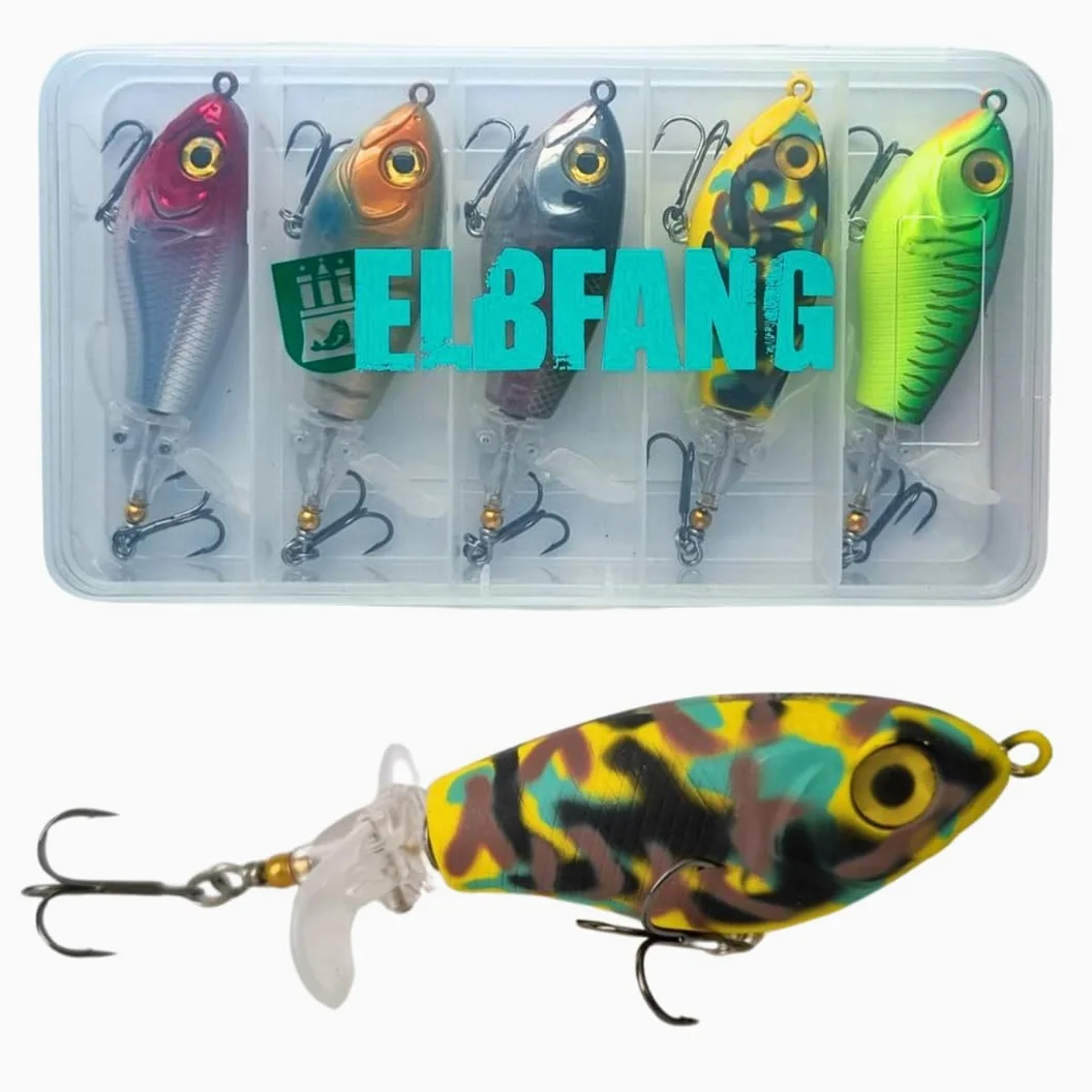 Topwater Señuelos de pesca | 8 cm – 16 gramos | 5 unidades con caja de cebo | Juego de cebos artificiales para pesca de lucio y bagre
