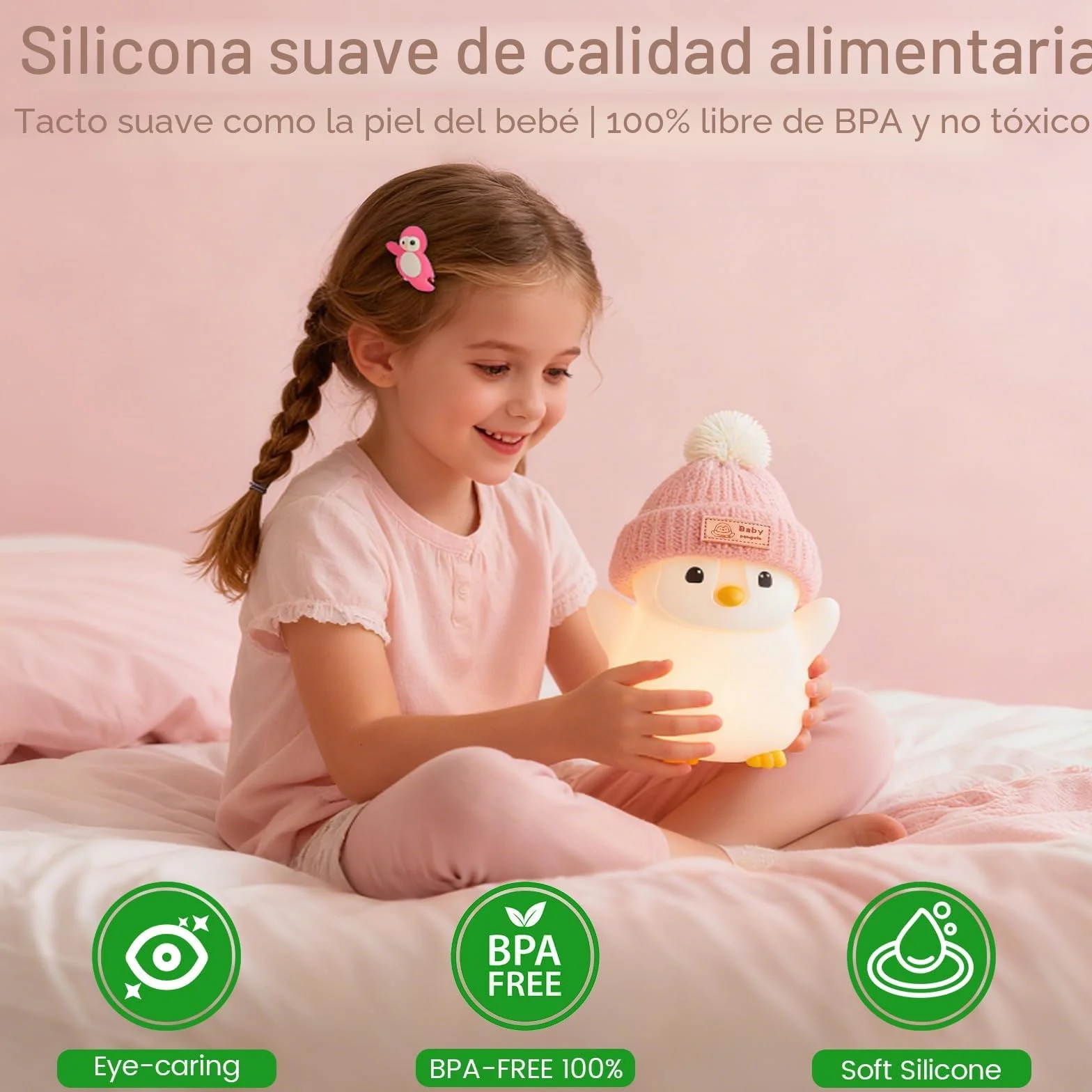 FAMIDUO Luz Nocturna Bebe Pingüino de Silicona con Control Táctil LED Recargable Temporizador 20 Minutos