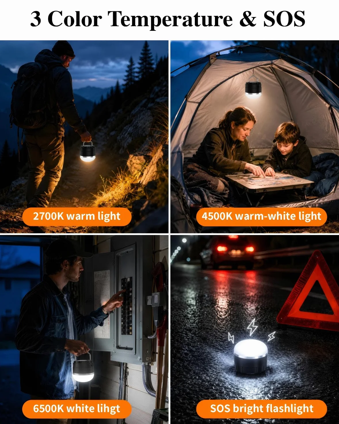 Linterna LED de camping recargable, esencial para campamento, cambio de color RGB, 1000 lm, 4 modos de luz, base magnética, impermeable IP65, linterna portátil para camping, senderismo, huracanes y