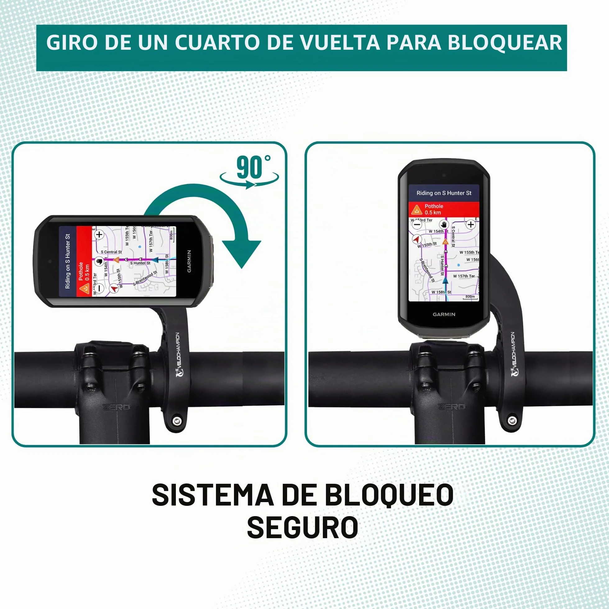 VeloChampion Soporte de Manillar Frontal Compatible con Ciclocomputadores GPS Garmin o Wahoo. Apto para Manillares con Diámetros de 25,4 a 35 mm