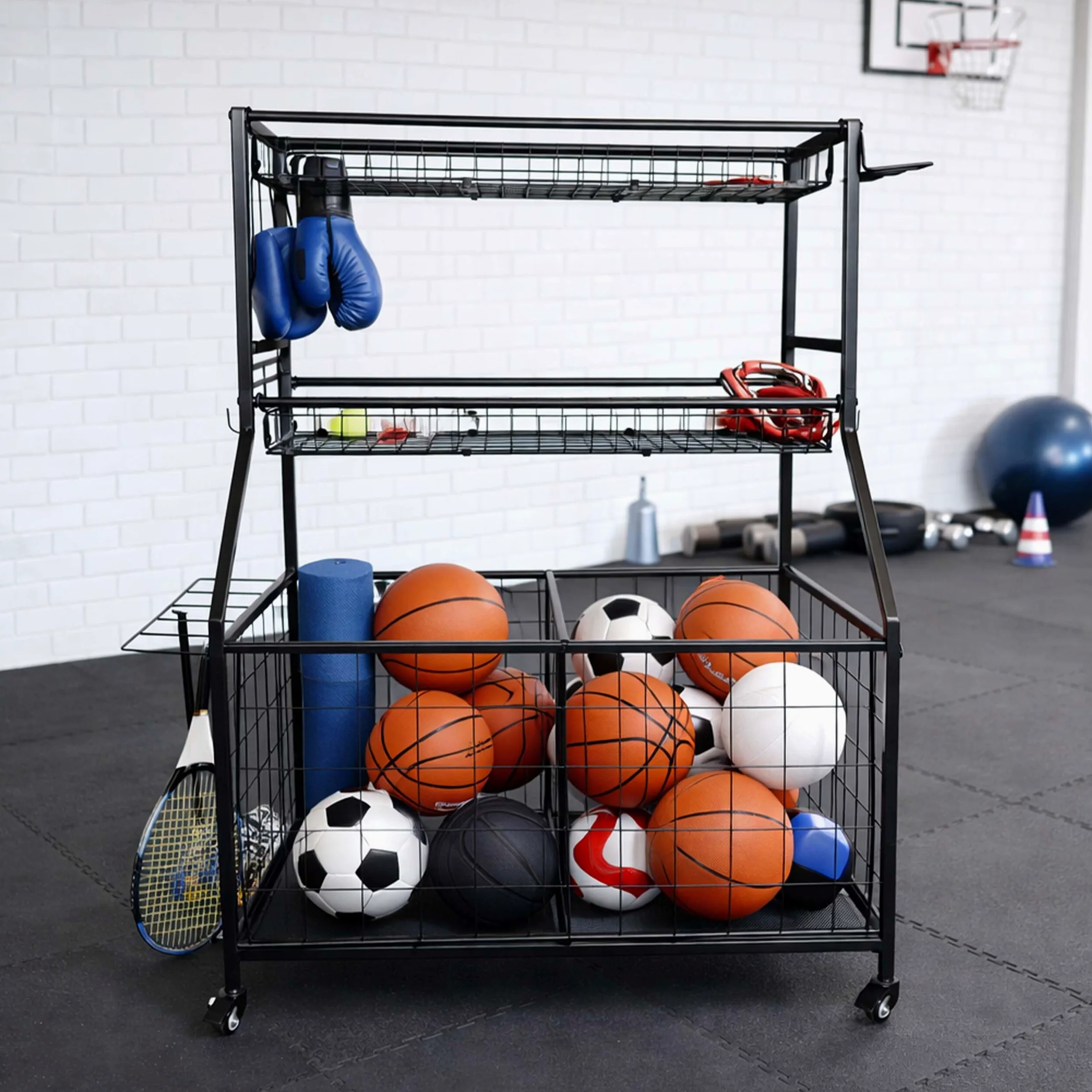 Relaxdays Organizador Deportivo Negro, 4 Ruedas (2 con Freno) | 116 x 91,5 x 43 cm, carro para pelotas, metal