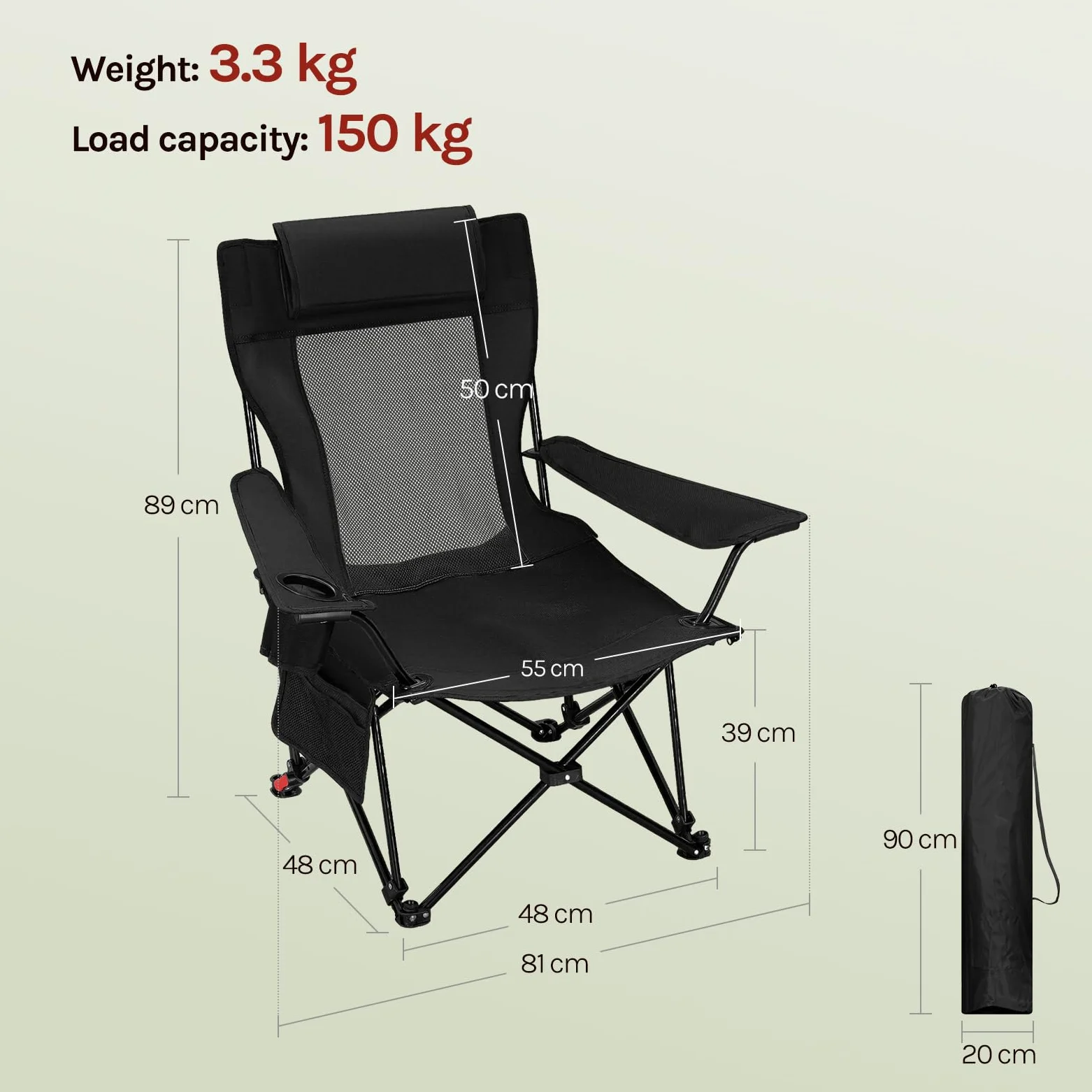 WOLTU 2X Sillas Camping Plegables con Respaldo Ajustable, Sillas Playa con Bolsillo Lateral y Portavasos, Tela de Malla y Tela Oxford, para Pesca, Picnic y Terraza, Capacidad de Carga 150 kg, Negro