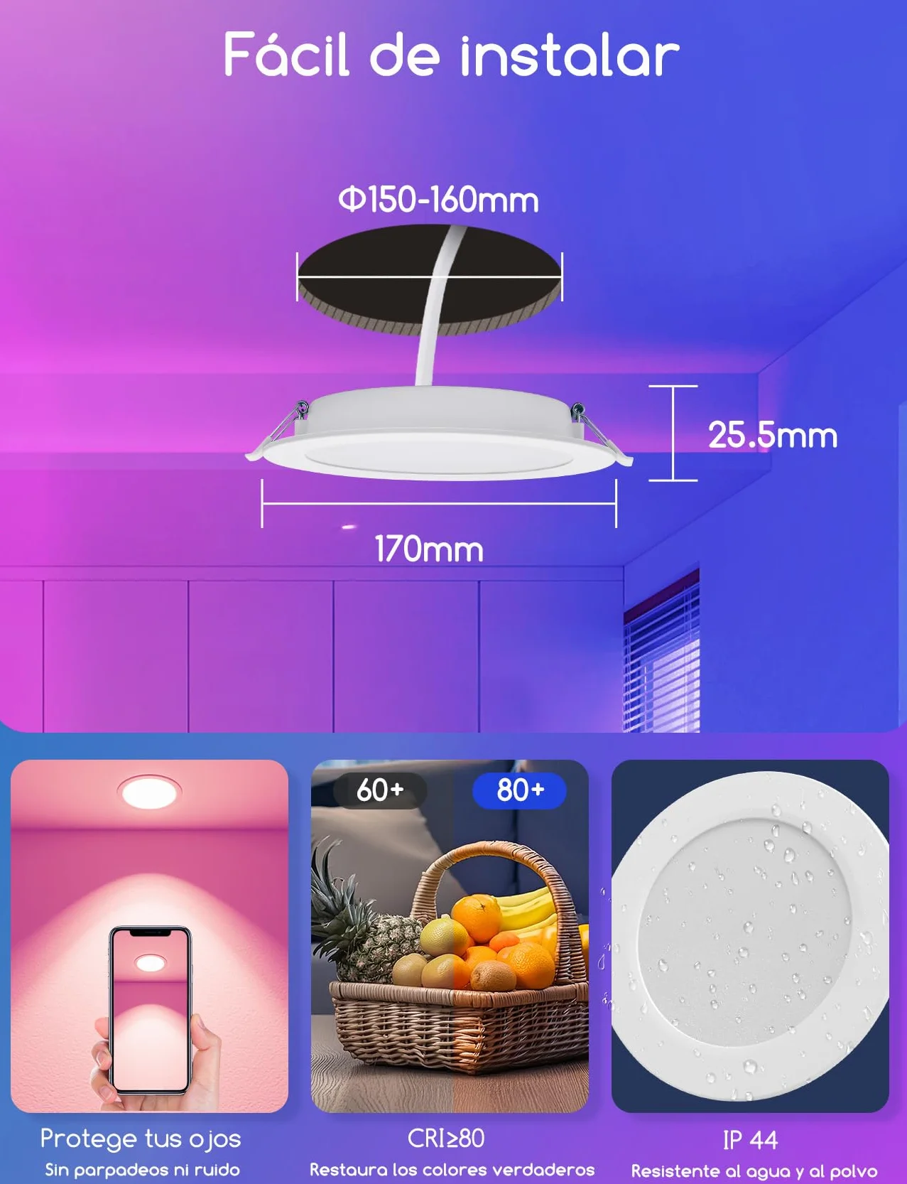 Aigostar 15W Downlight LED Inteligente Empotrable Bluetooth Mesh Compatible con Alexa, 1430LM RGB Blanco Regulable 2700-6500K, IP44, 4 Uds