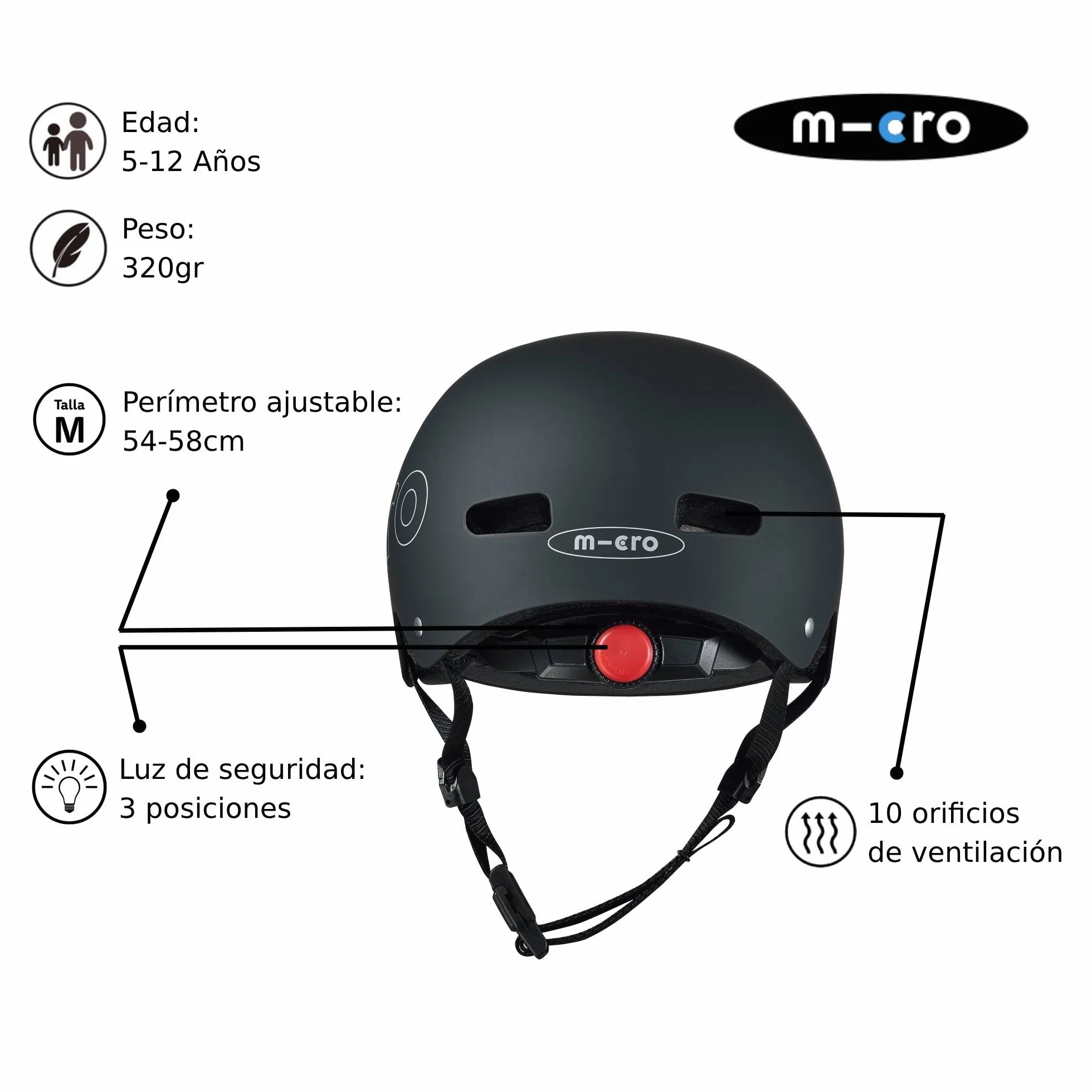 Casco Micro® v2 Ultraligero 320gr Luz Seguridad Almohadilla Interior Una Sola Pieza Talla M Adulto 54-58 cm Negro