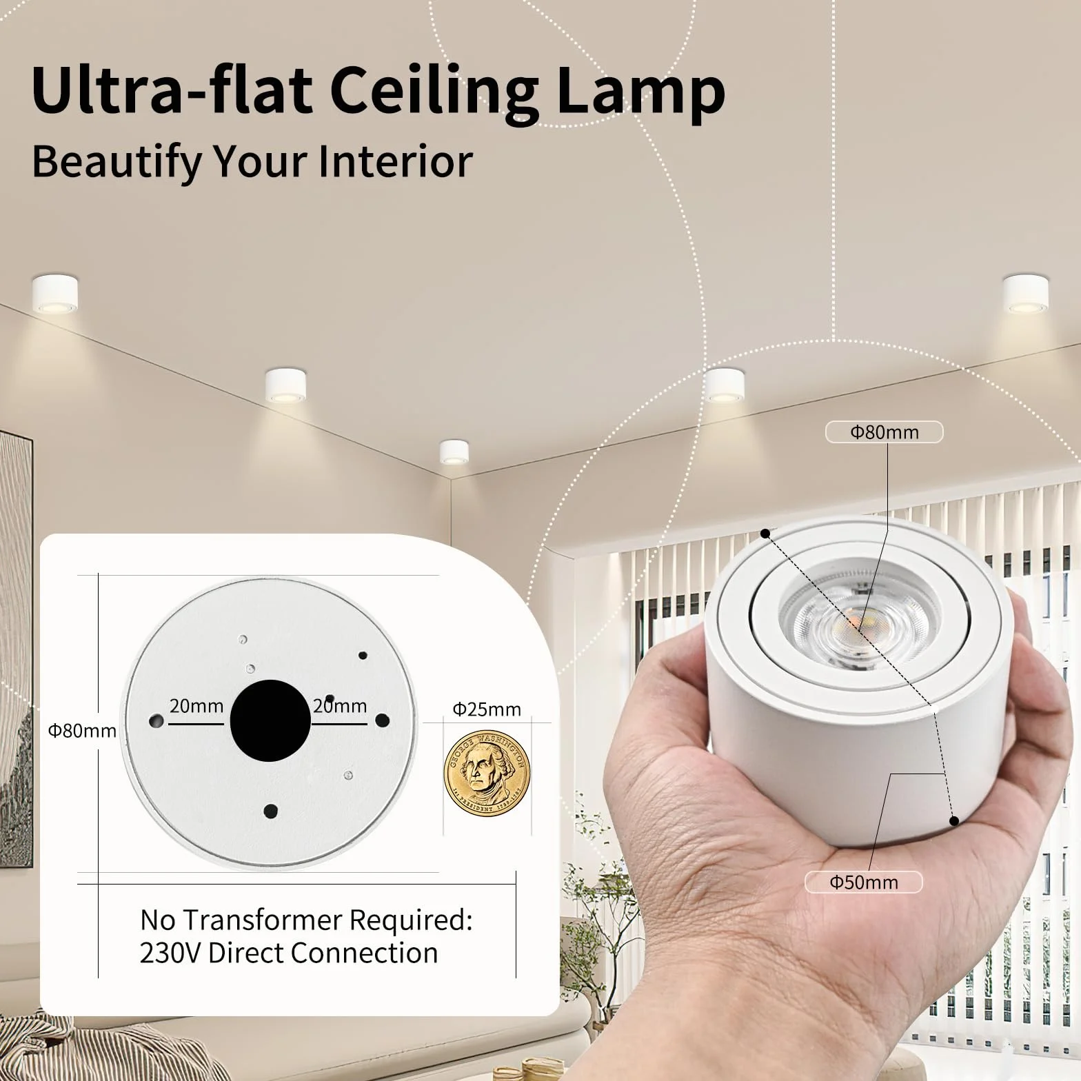 GeyouLux Foco LED Techo Regulable 5W Ø80x50mm Orientable 3000K/4000K/6500K 500LM 230V Aluminio Blanco Redondo 4 Piezas