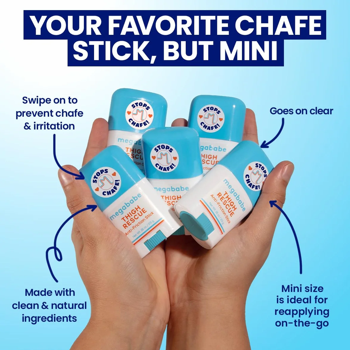Megababe Mini Thigh Rescue Anti Chafe Stick - Tamanho de Viagem com Aloe, Romã e Óleo de Semente de Uva