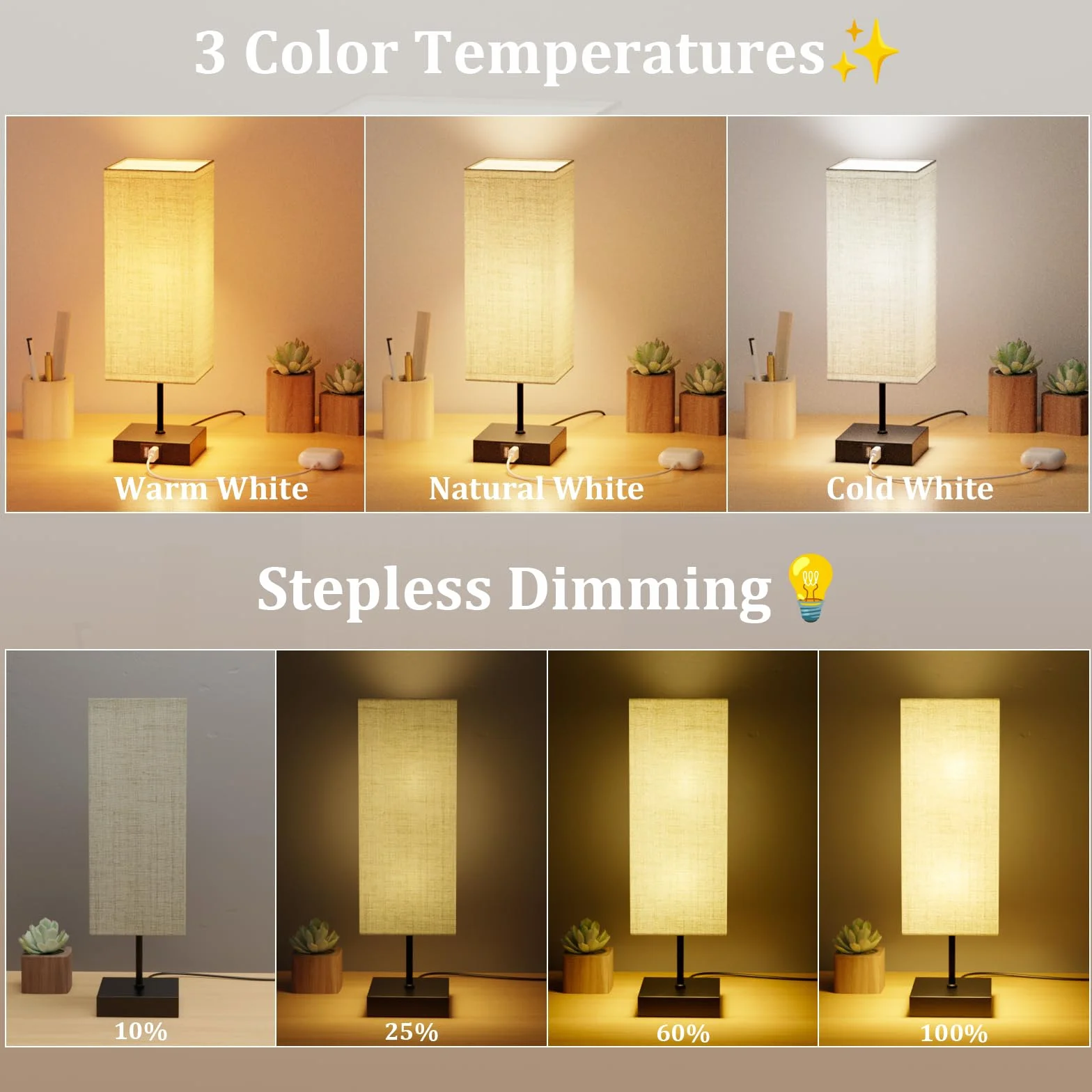 Lámparas de Mesita de Noche Control Táctil, Bedside Lamp Regulable con 3 Temperaturas de Color y 2 Puertos USB