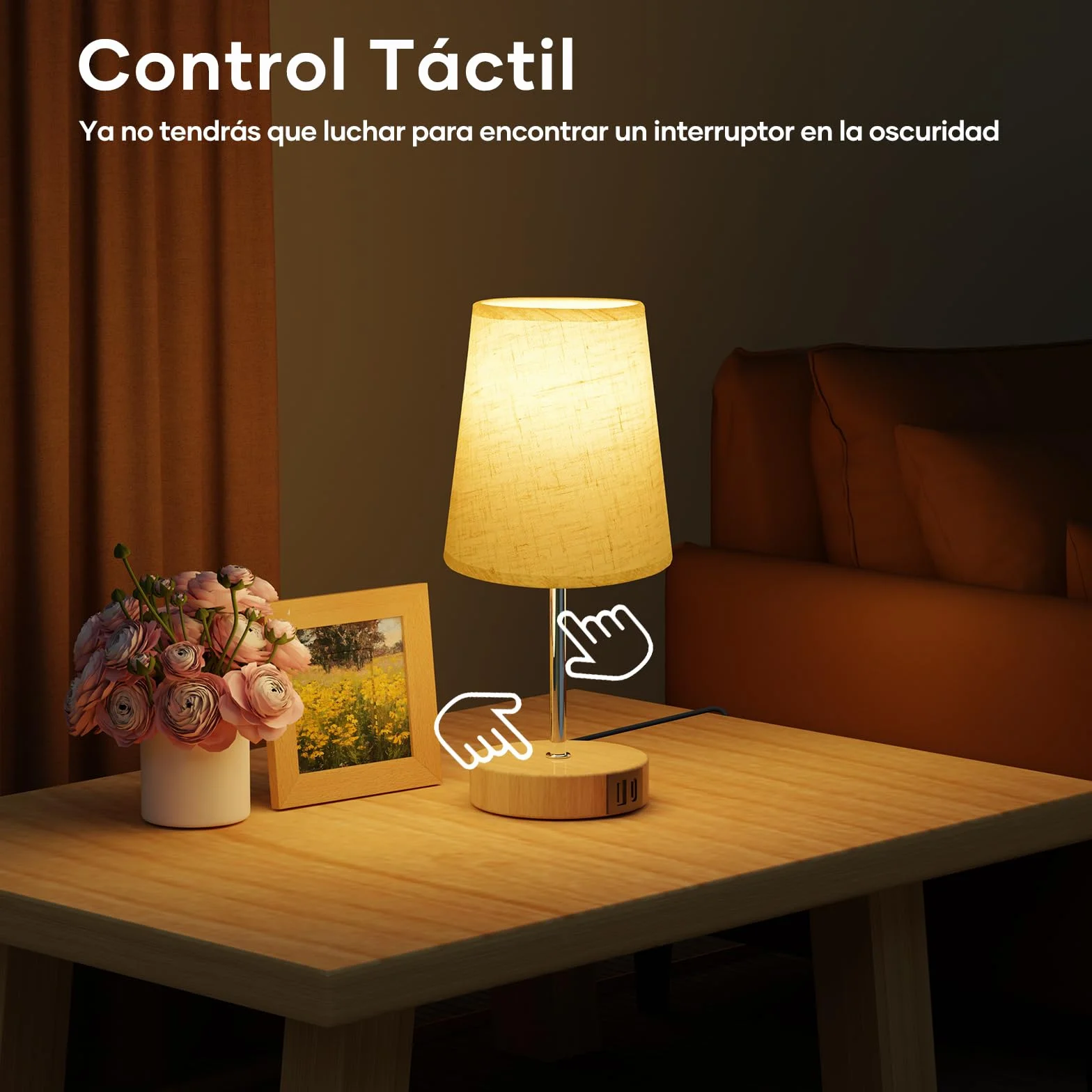 Suright Lámpara de Mesita de Noche Táctil con USB A+C, Regulable 3 Niveles Brillo, Pequeña para Dormitorio