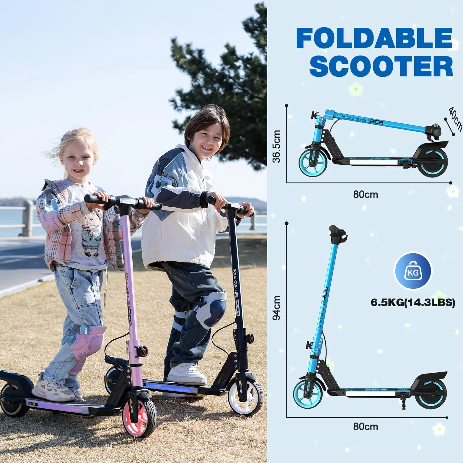RCB R12 Patinete Eléctrico Niños para 6-12 años, hasta 15 km/h y 10 km, 6.5" Plegable Patinete Eléctrico,Luces de Arco Iris, Dos Tipos Frenos, Pantalla LED, Regalos para Niños