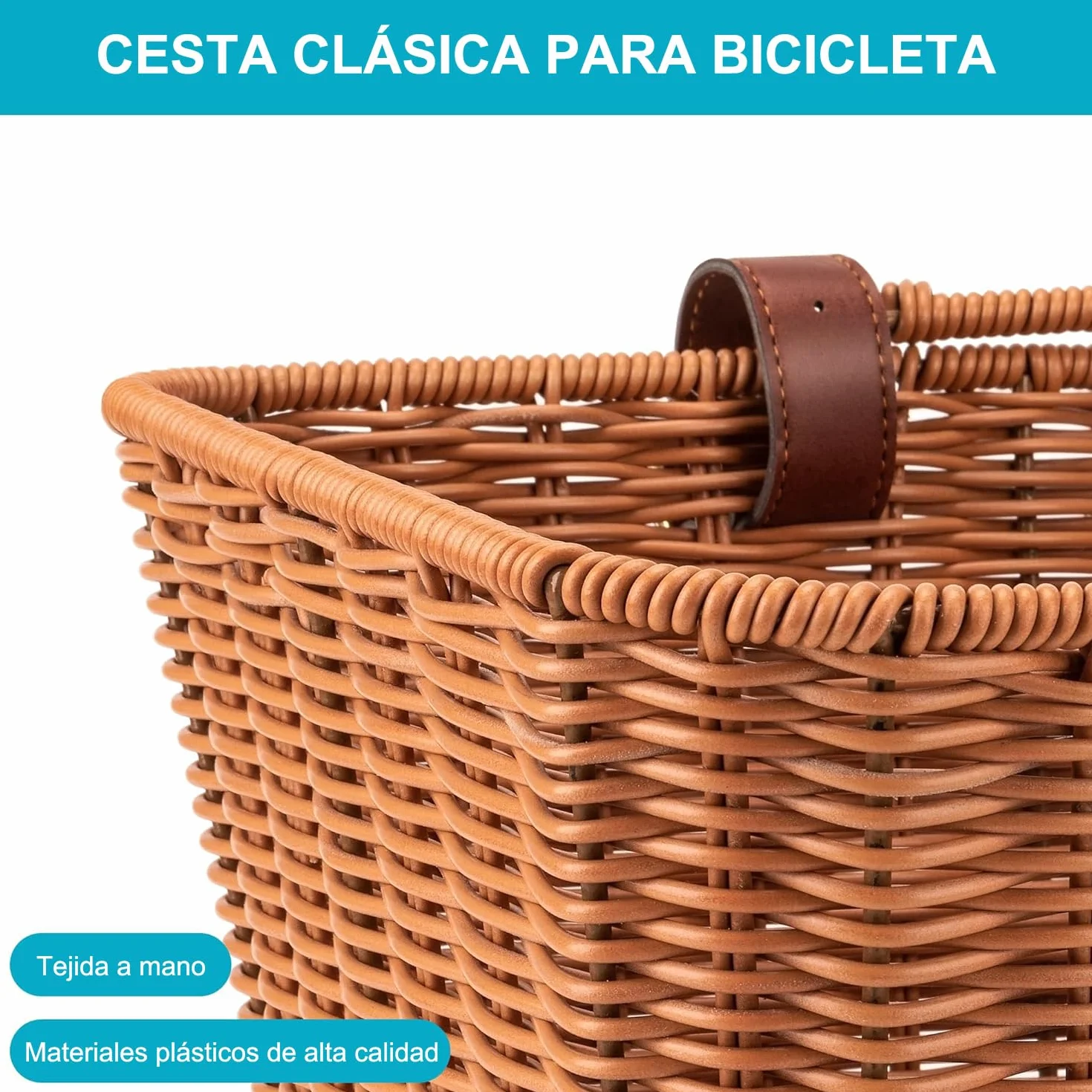 CXWXC Cesta de Bicicleta – Resistente Cesta Delantera – Cesta de Mimbre Tejida a Mano con Correas Ajustables de Cuero Vegano