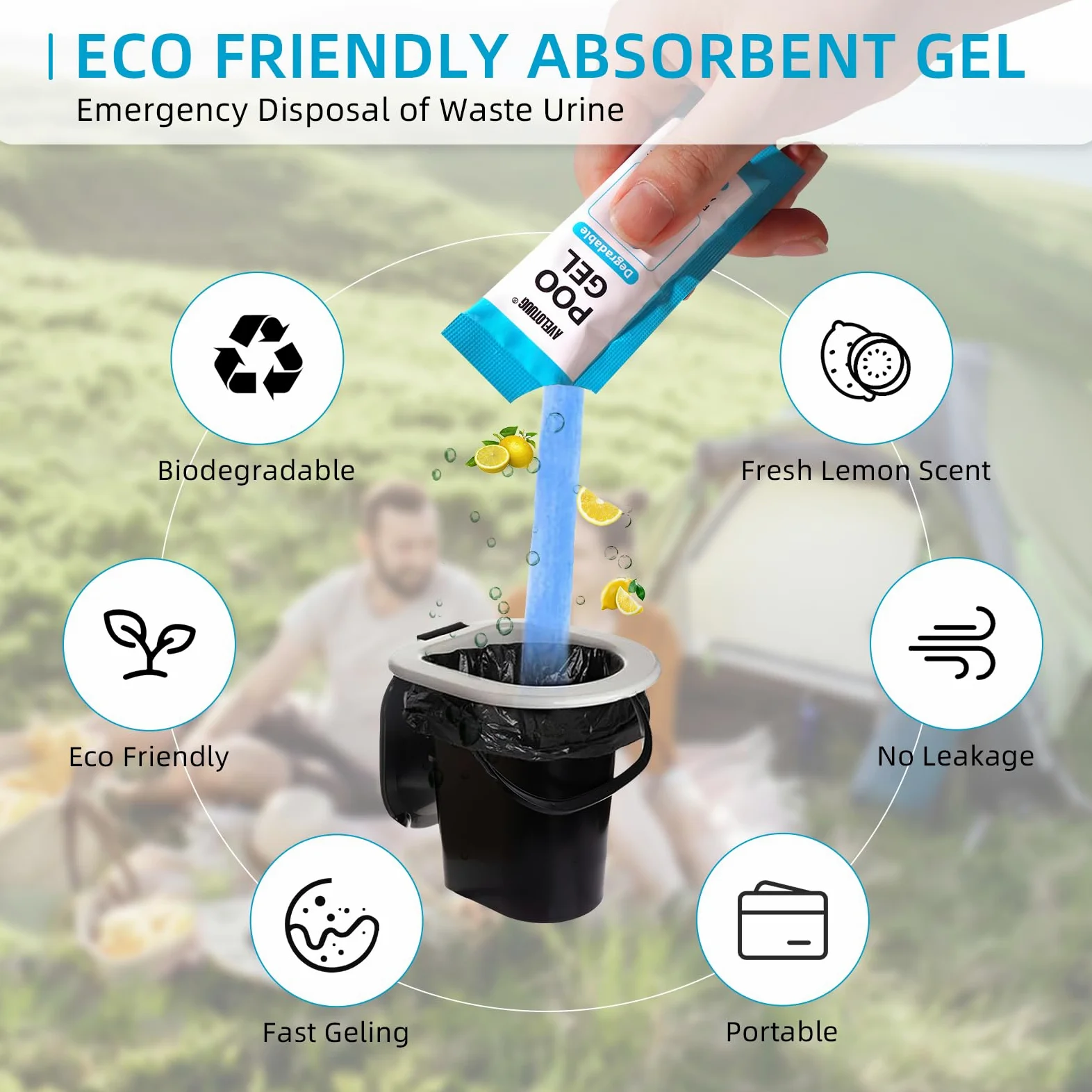 Gel absorbente de inodoro portátil, paquete de 100 unidades de gel para inodoro de camping, residuos sólidos y orina, gel ecológico para recreación al aire libre, senderismo, tratamiento desodorizante