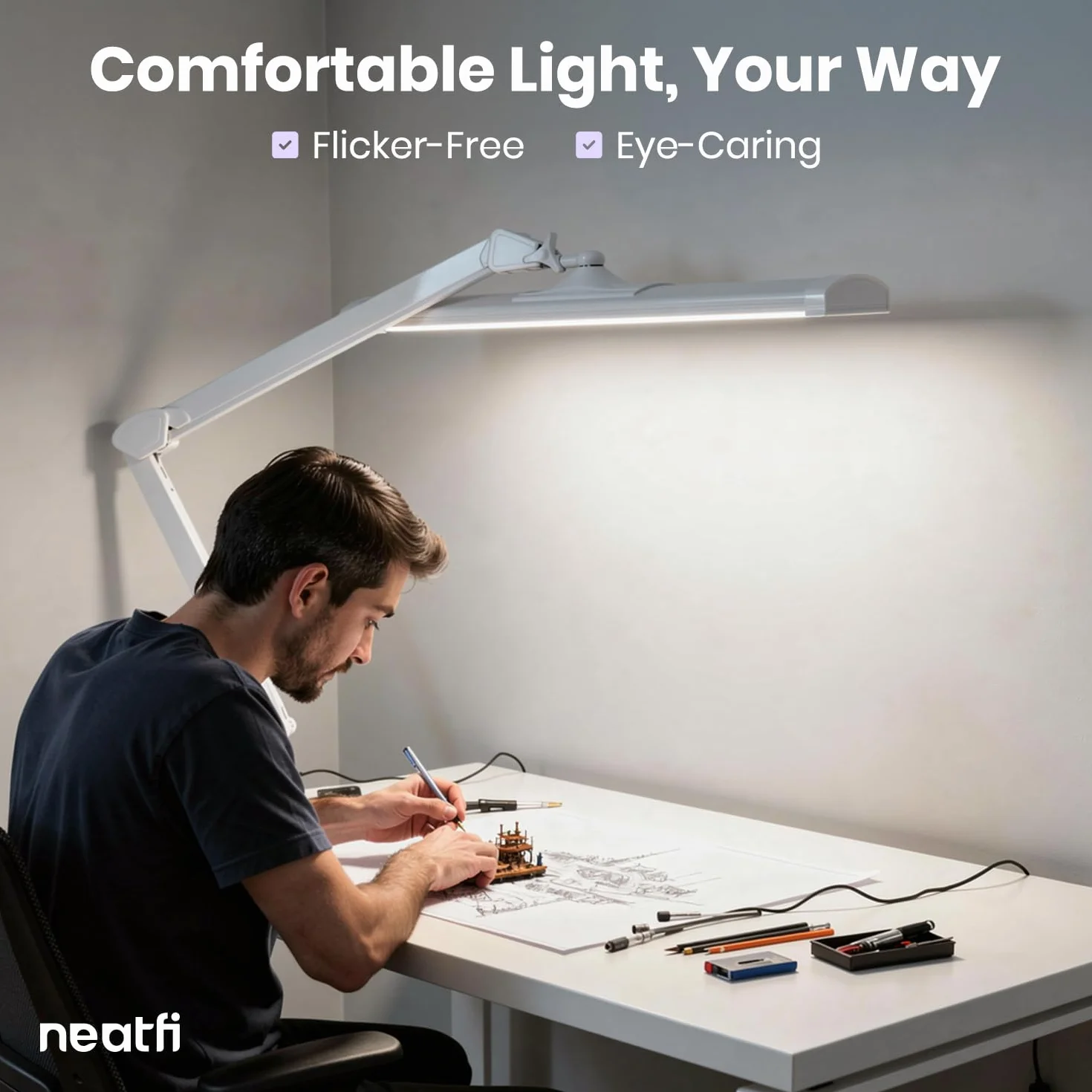 Neatfi Ultra LEDLámpara de Escritorio, regulable, 45W, lámpara de tarea que cuida los ojos para lectura, manualidades (Blanco)