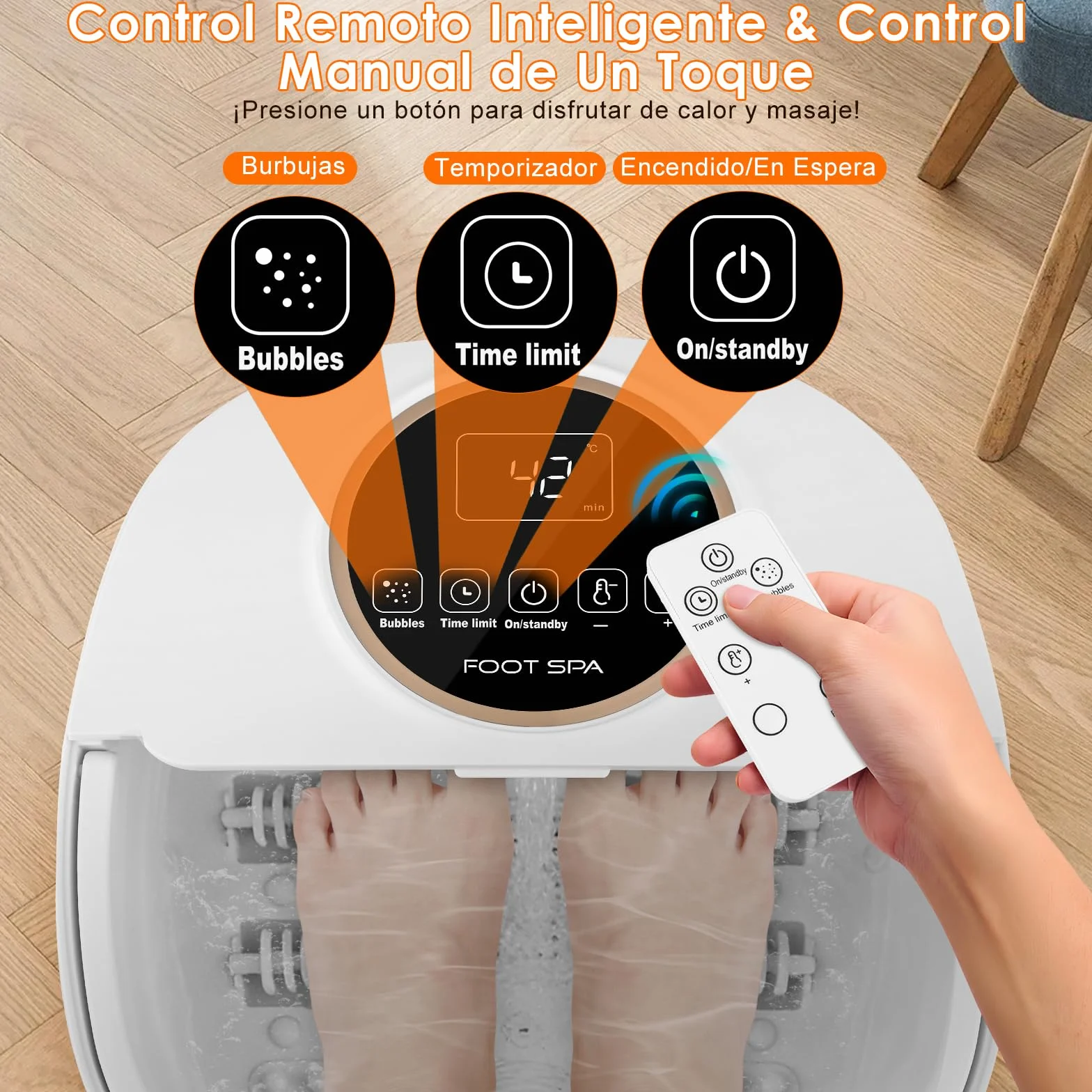 Masajeador de Pies Plegable con Calefacción, Control Remoto, Burbujas, 24 Temperaturas, 6 Temporizadores