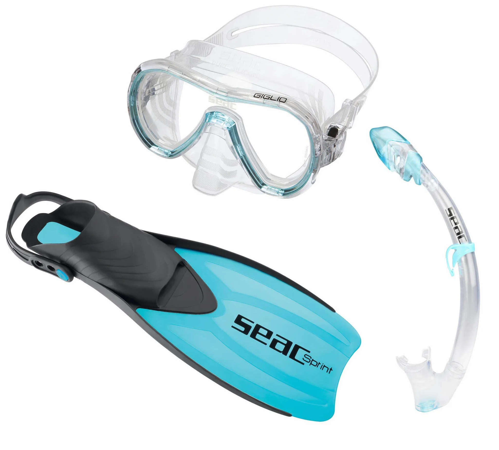 Seac 0890030160452 un Sprint seco Premium Silicona máscara Aletas Snorkel Set con Gear Bag, Azul, 4 – 5,5