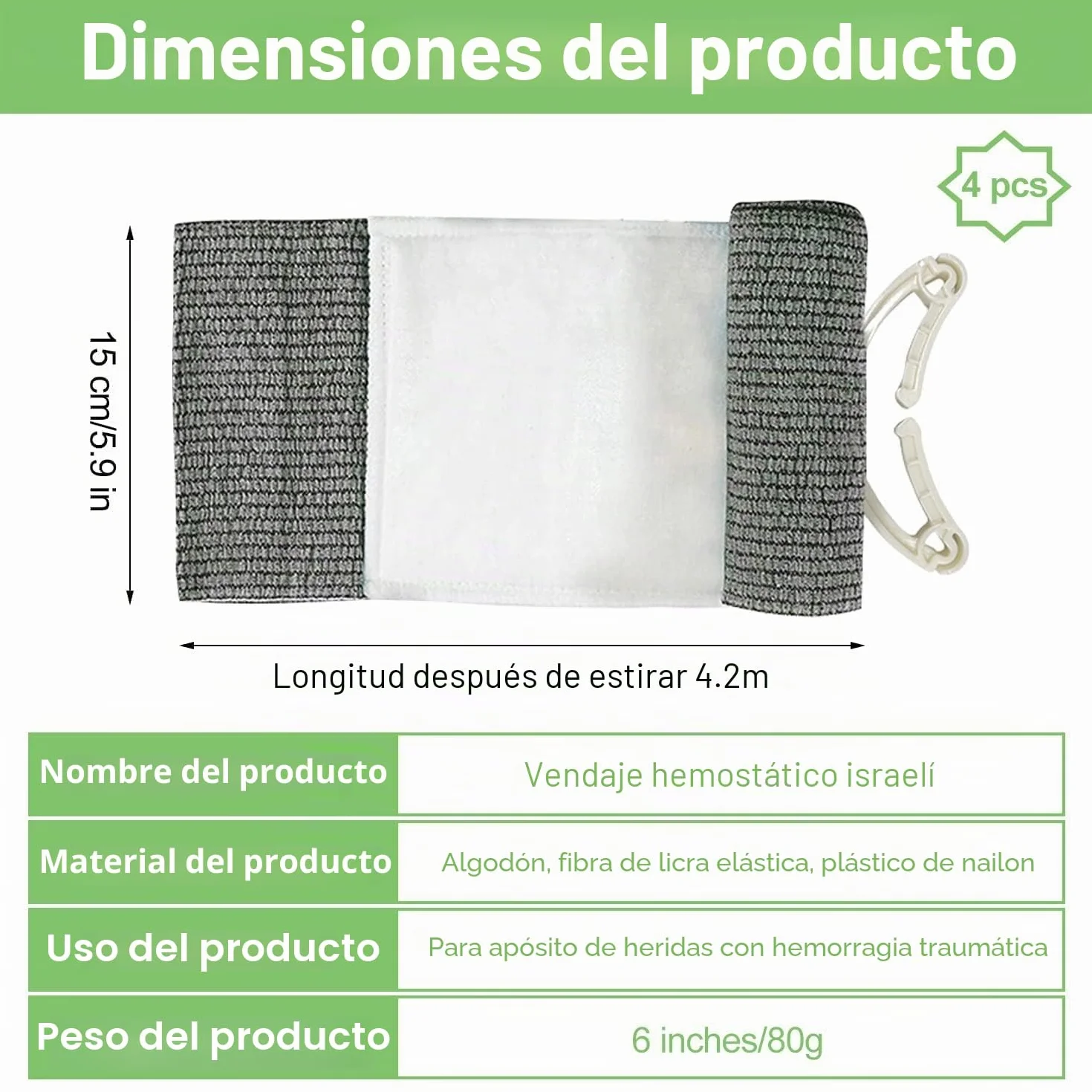 Israeli Vendaje Hemostático 6 Pulgadas Vendaje de Emergencia 4 Piezas