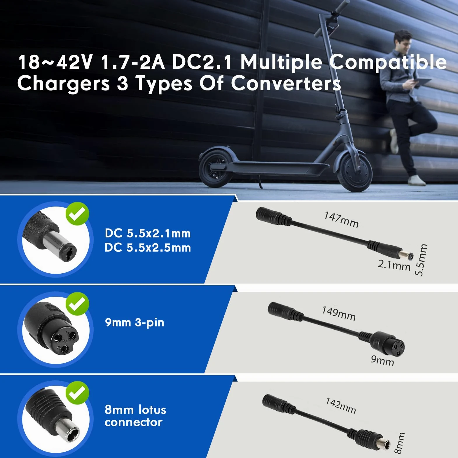 Cargador Patinete Electrico，42V 2A Cargador Patinete Xiaomi，36V Carrgador Universal baterías Litio con 3 Conectores，Carga rápida para Hoverboard,E-Bike,Scooter+2L Bolsa Impermeable