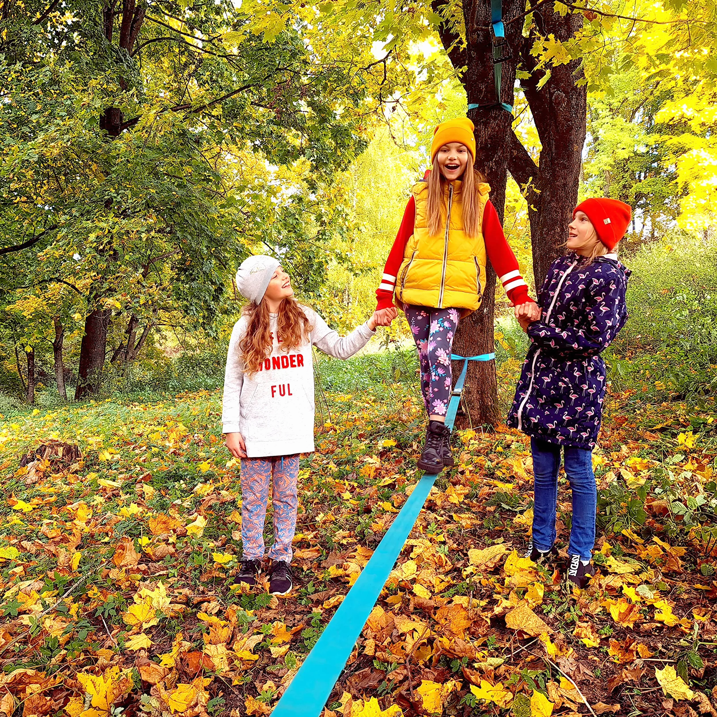 Slackline para entrenamiento de equilibrio 50 'con trinquete industrial resistente, banda protectora de árboles y bolsa de transporte de equipo - Slack Lines para patio trasero.