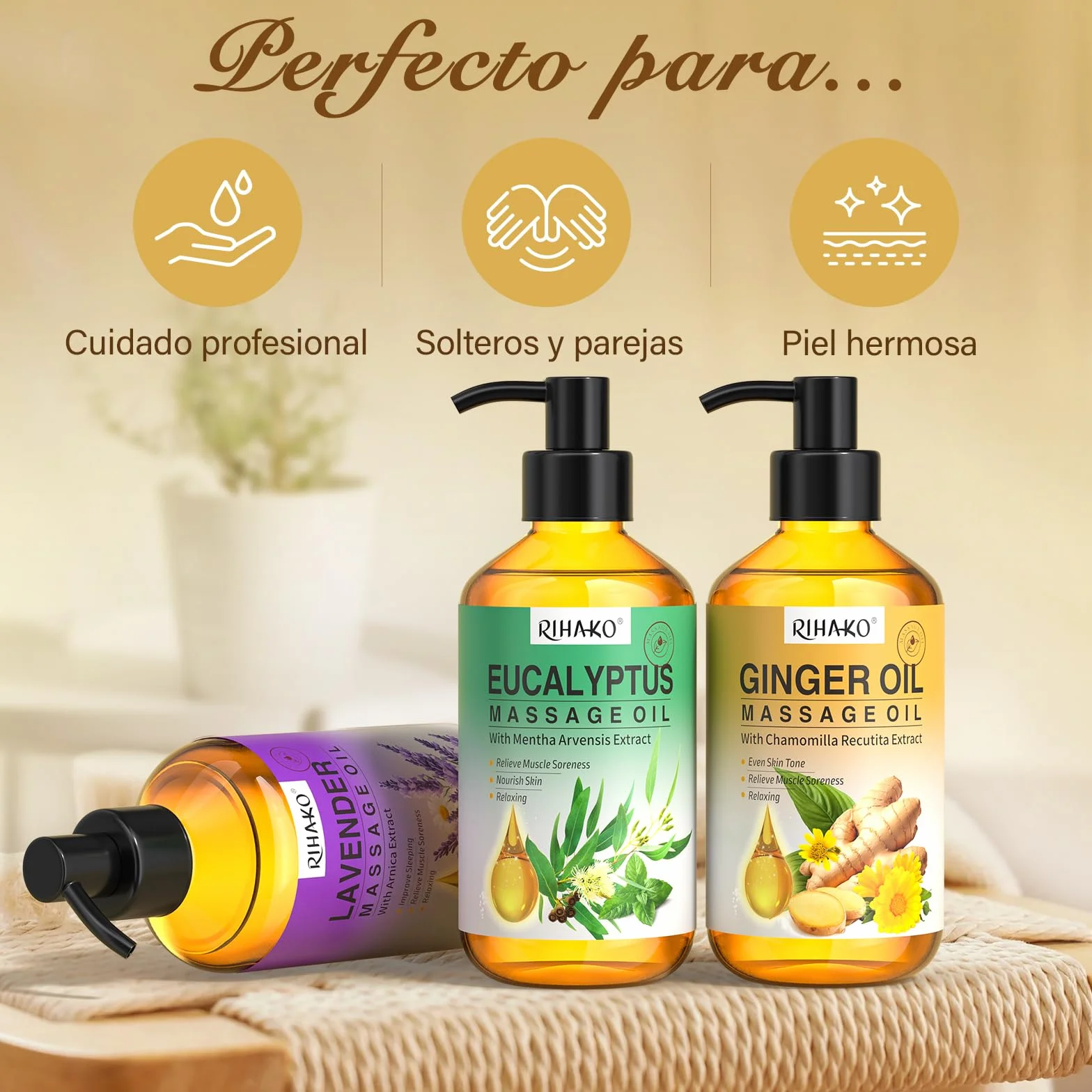 Set Aceites de Masaje para Terapia, Drenaje Linfático, Jengibre, Lavanda, Eucalipto, 3 x 100 ml