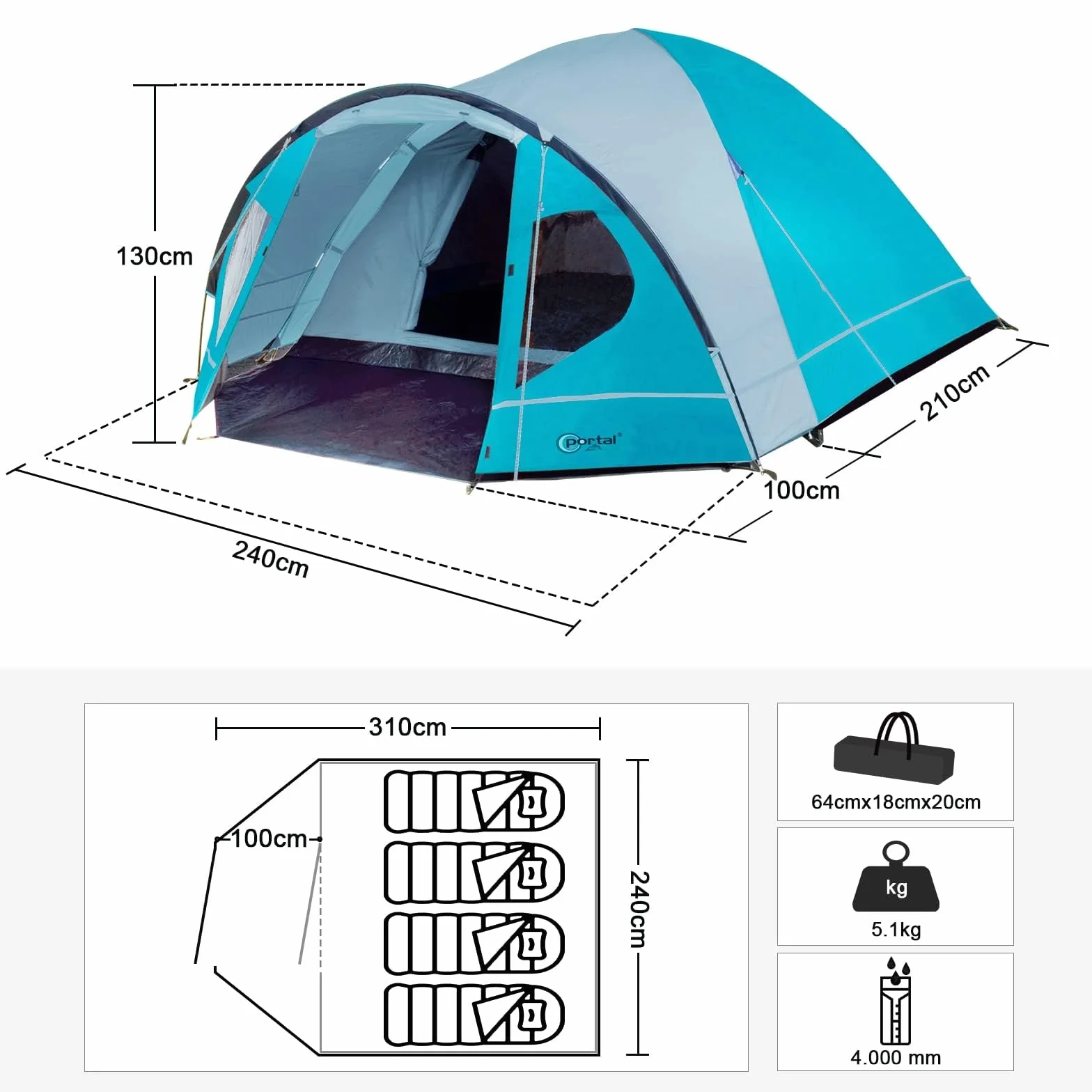 Tienda de campaña impermeable 4000 mm para 3-4 personas con toldo familiar camping viajes trekking jardín