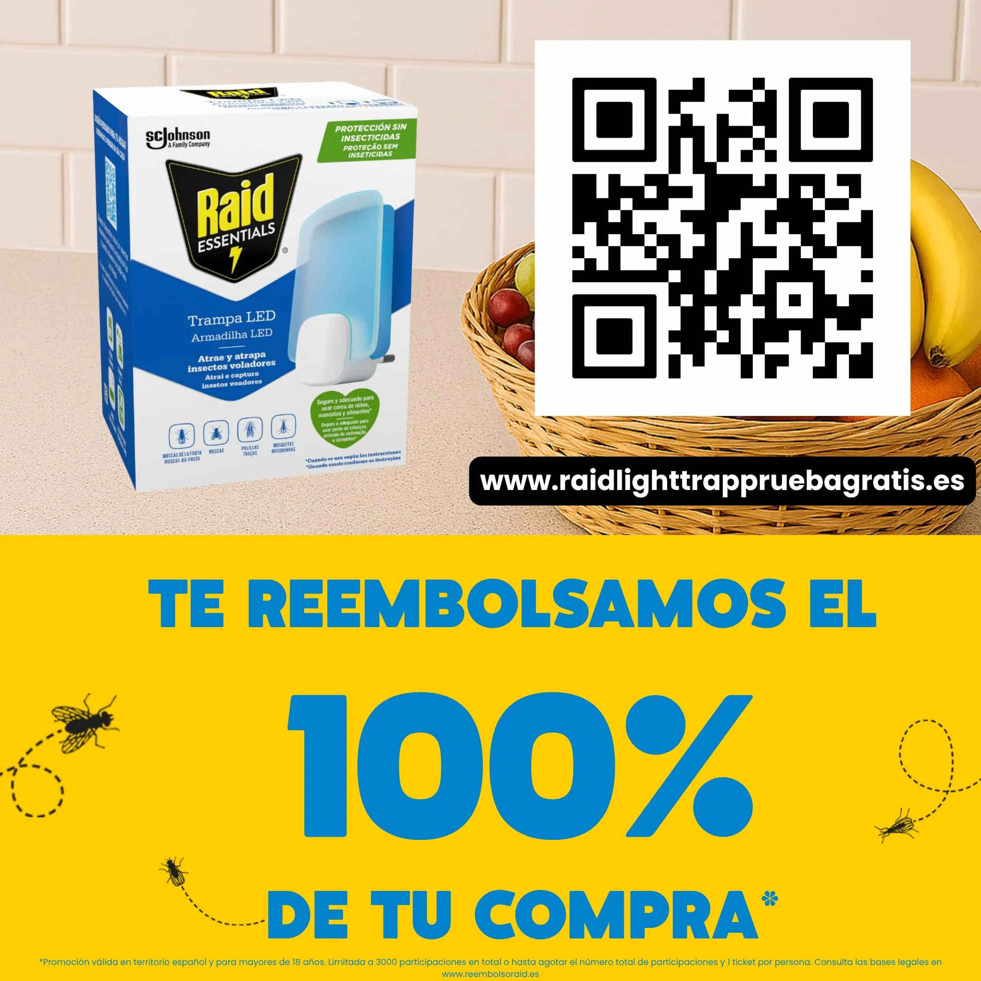 Raid Essentials Trampa LED Antimoscas, Antimoscas de Fruta y Antipolillas, Sin Insecticida, Seguro, Inodoro, 1 Aparato y 1 Recambio