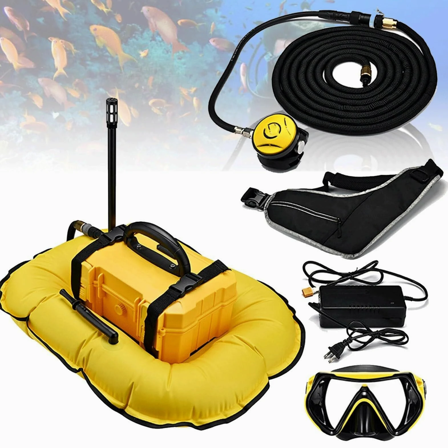 WYWY Sistema de buceo recargable de 3/5.5 horas con manguera de 10 m y regulador de respiración de buceo, máquina de buceo desmontable, para buceo recreativo y pesca (amarillo, D3000)