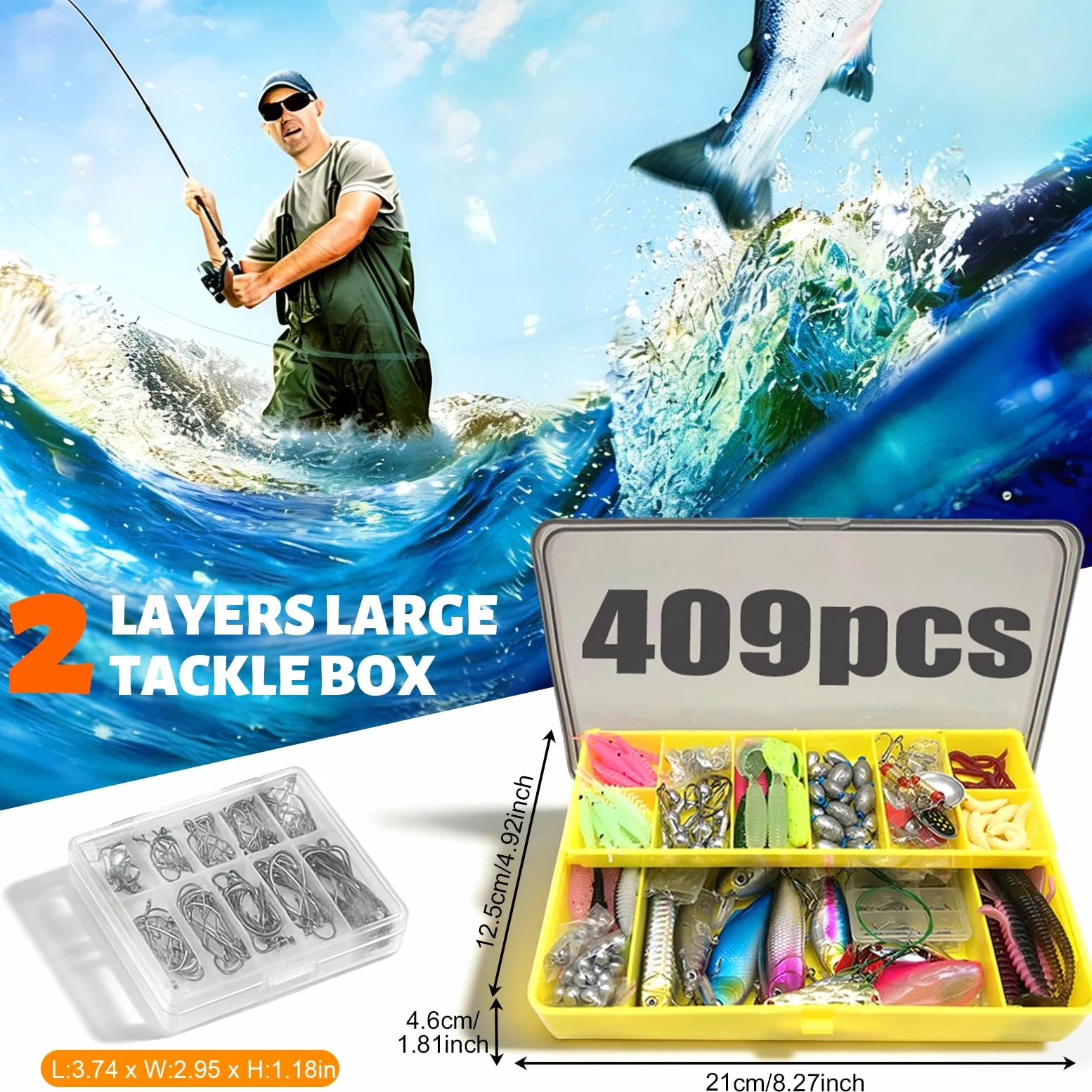 Juego de accesorios de pesca, juego de 367 señuelos de pesca y juego de herramientas con clips de labios, extractor de gancho, caja de cebo con accesorios, equipo de pesca, cebo para lucio