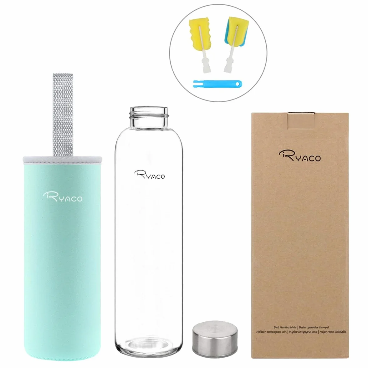 Ryaco Botella de Vidrio 550 ml/750 ml/1000 ml/1L, Botella de Vidrio de Borosilicato con Cubierta Protectora para Bebidas Frías y Calientes,sin BPA,con Cepillo de Esponja