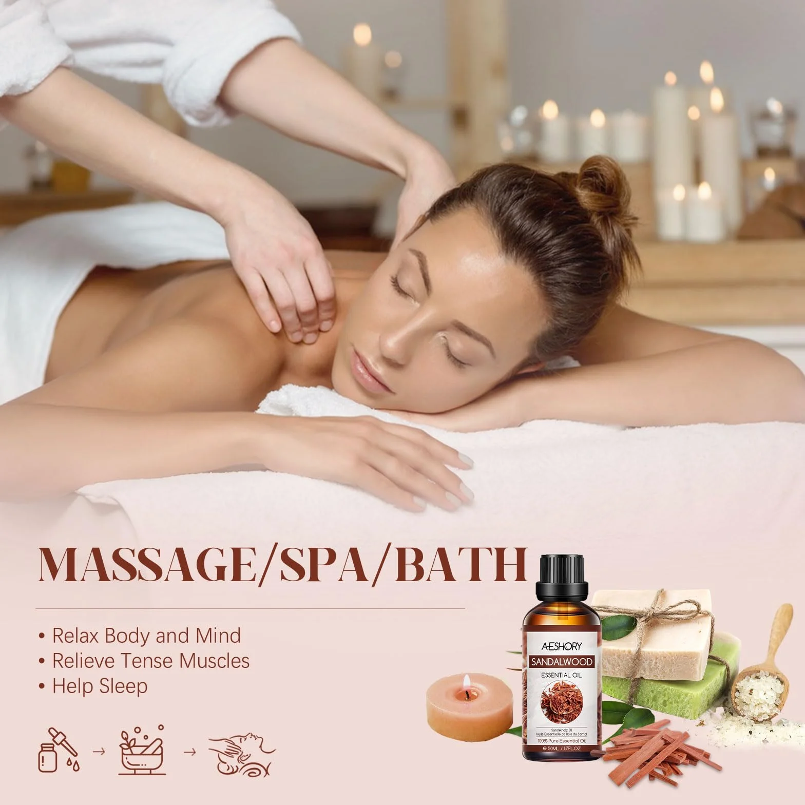 Aceite Esencial de Sándalo 50ML, Natural Aromaterapia, Aceite de Fragancia Premium para Difusor, Masaje, Baño, Cuidado de la Piel