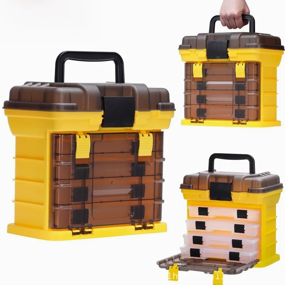 Caja de aparejos de pesca multifuncional con asa, organizador de almacenamiento de polipropileno impermeable con cajones, señuelos, ganchos y equipo