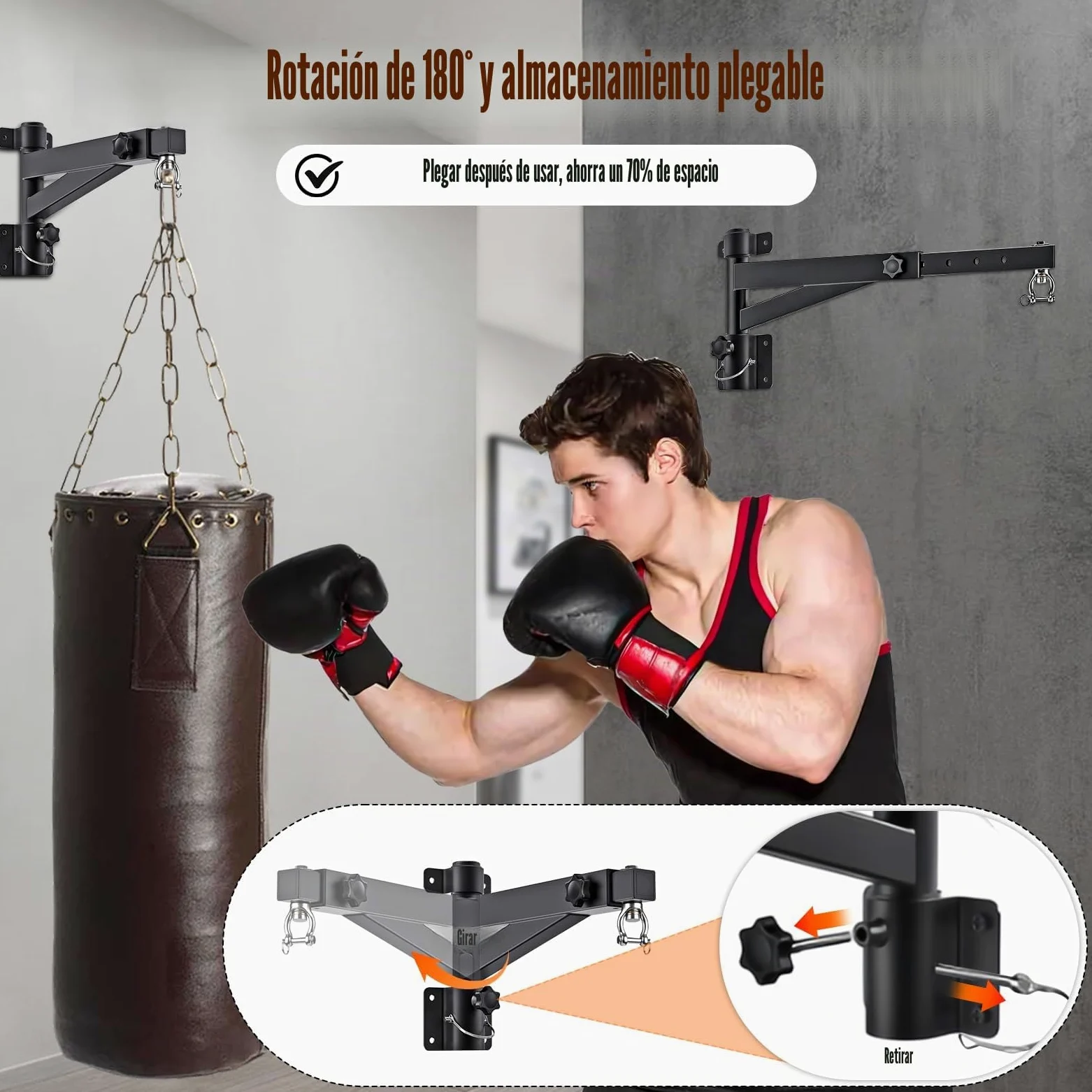 Soporte Saco Boxeo Pared, Colgador Ajustable 43-63cm, Rotación 180°, Soporta 150kg, para Muay Thai