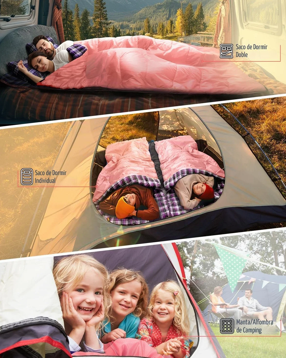 Sportneer - Saco de Dormir Doble para Exteriores, 2 Personas, 3 Estaciones, 220 x 150 cm, 2,75 kg con 2 Almohadas, Cuatro Cremalleras Dobles, para Adultos