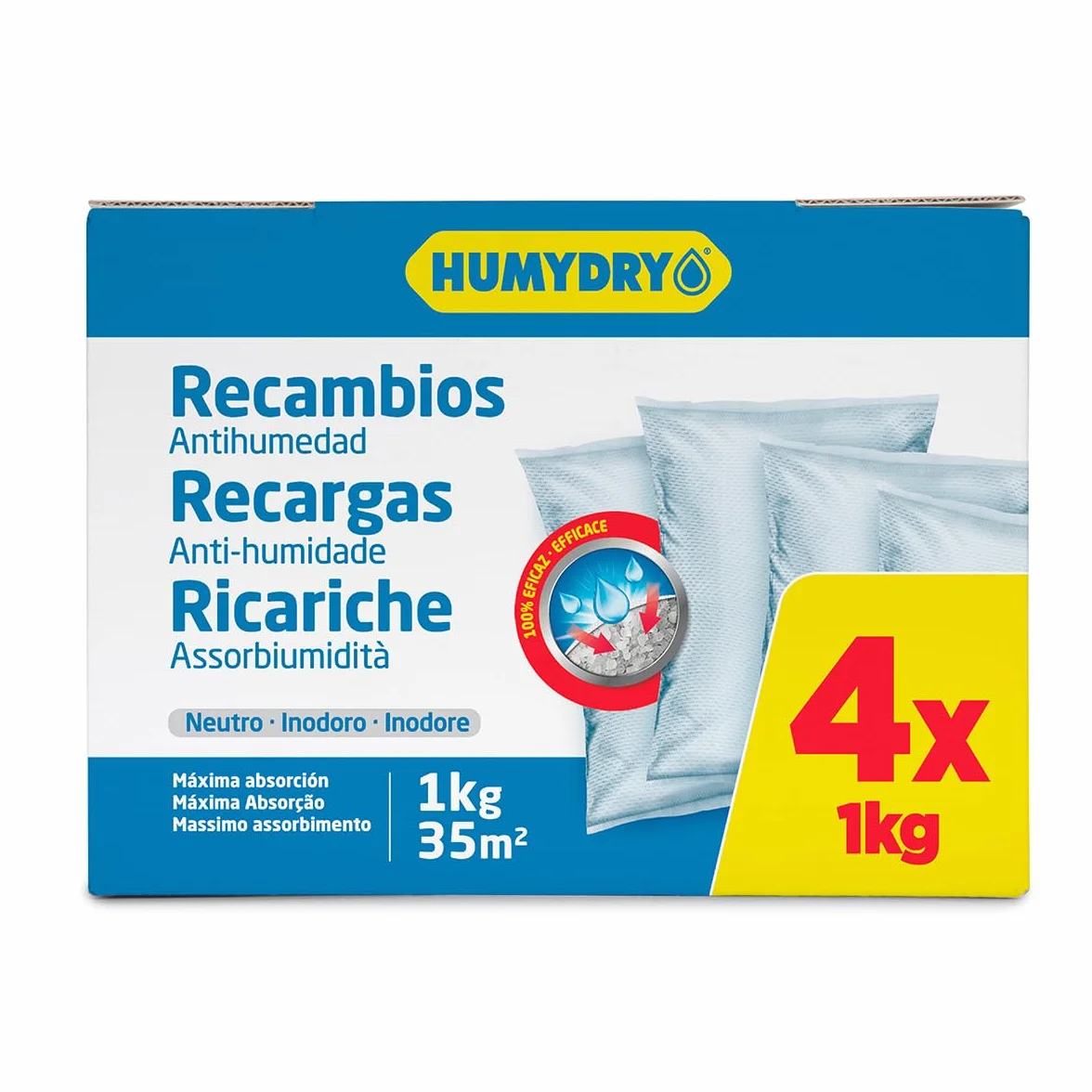 Recambio Deshumidificador 1kg Pack 4 Sin Perfume Absorbe Humedad 35 m² Compatible con Aparatos 1 kg Premium y Magnum